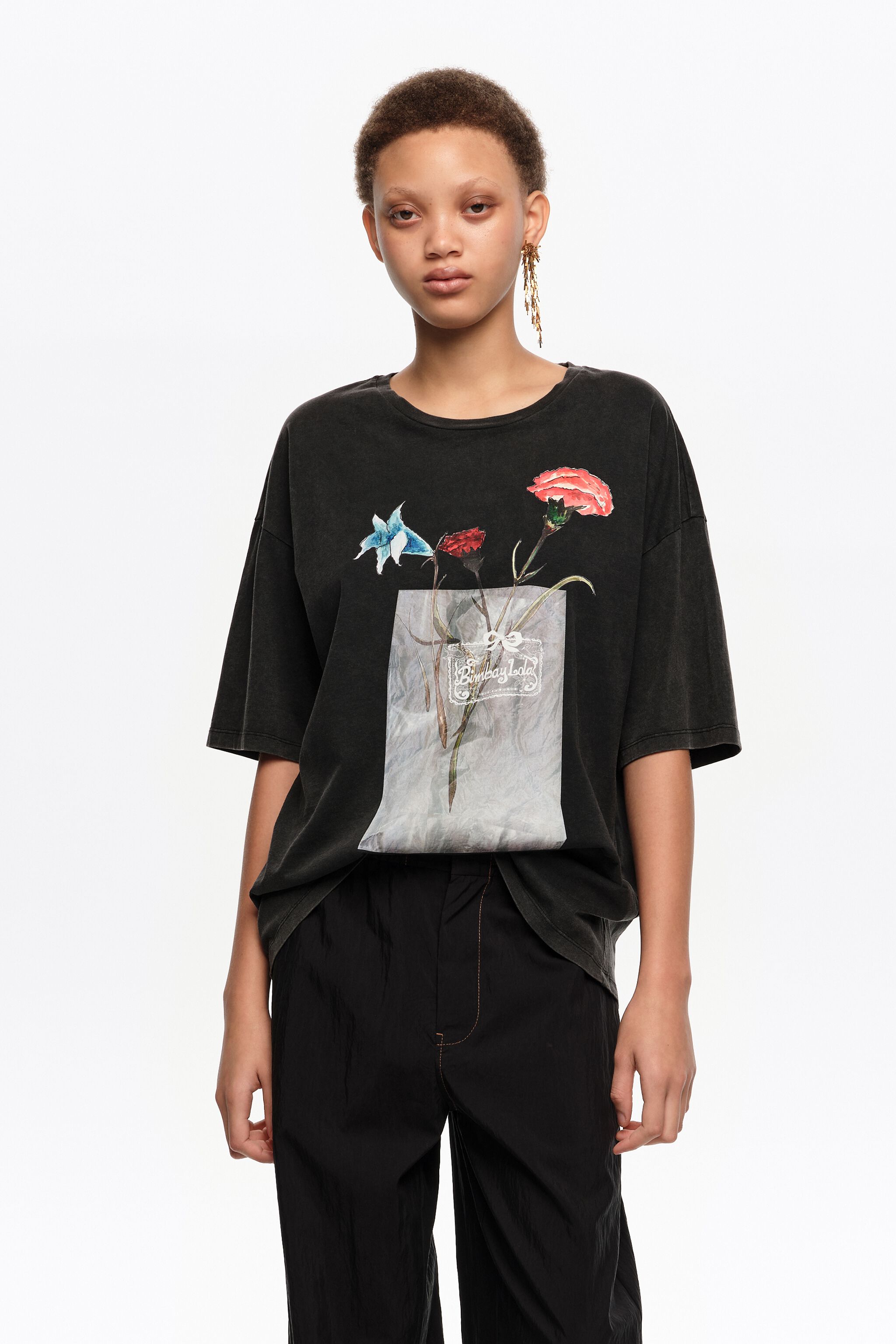 Faded black floral logo T-shirt