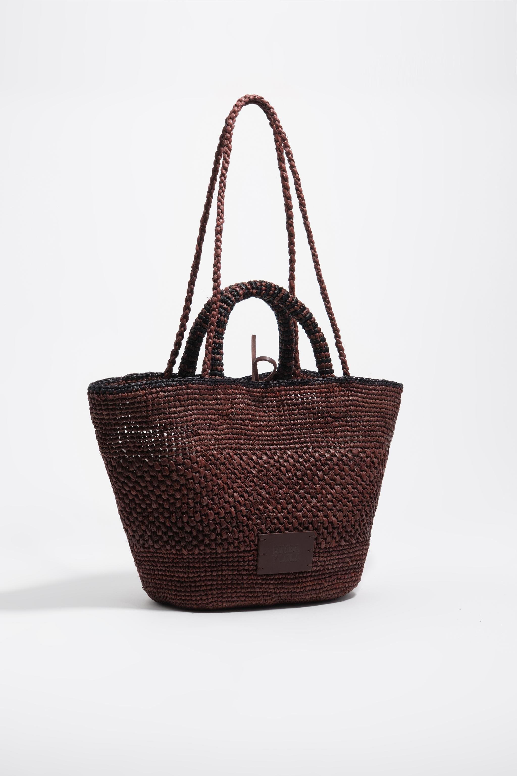 Large plaited raffia bag in walnut
