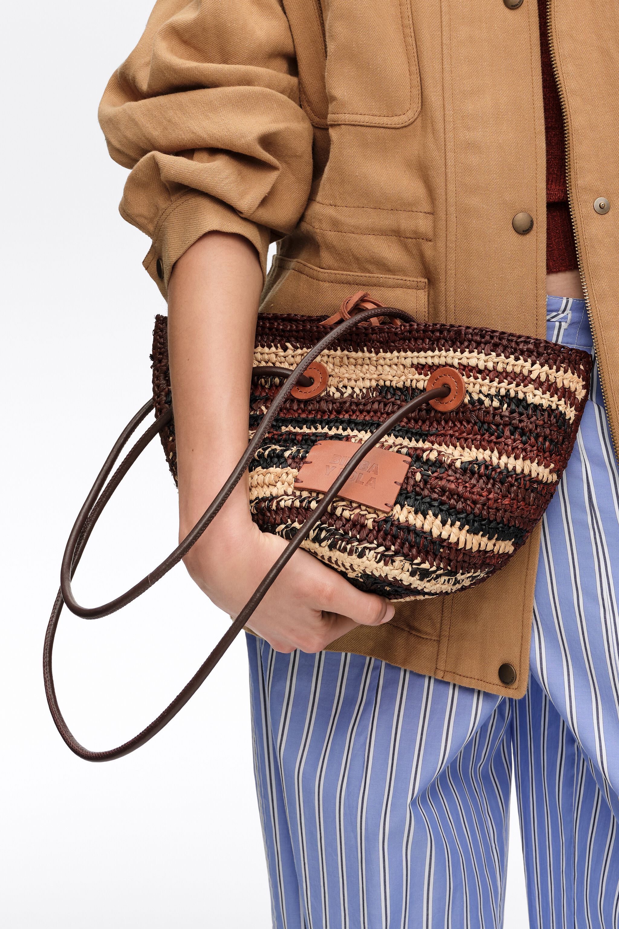 Small dark brown raffia basket bag