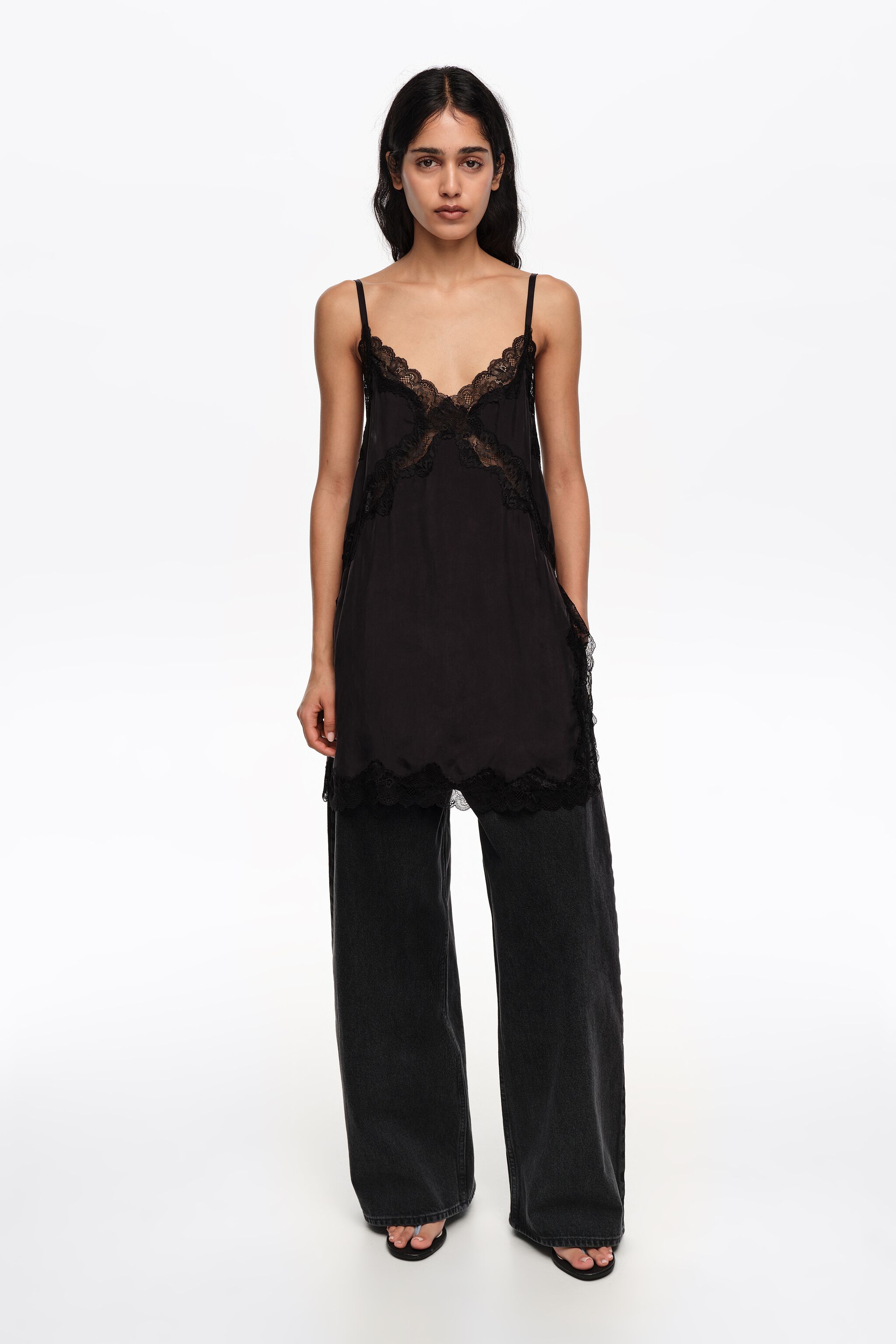 WIDE LEG - Washed black denim trousers