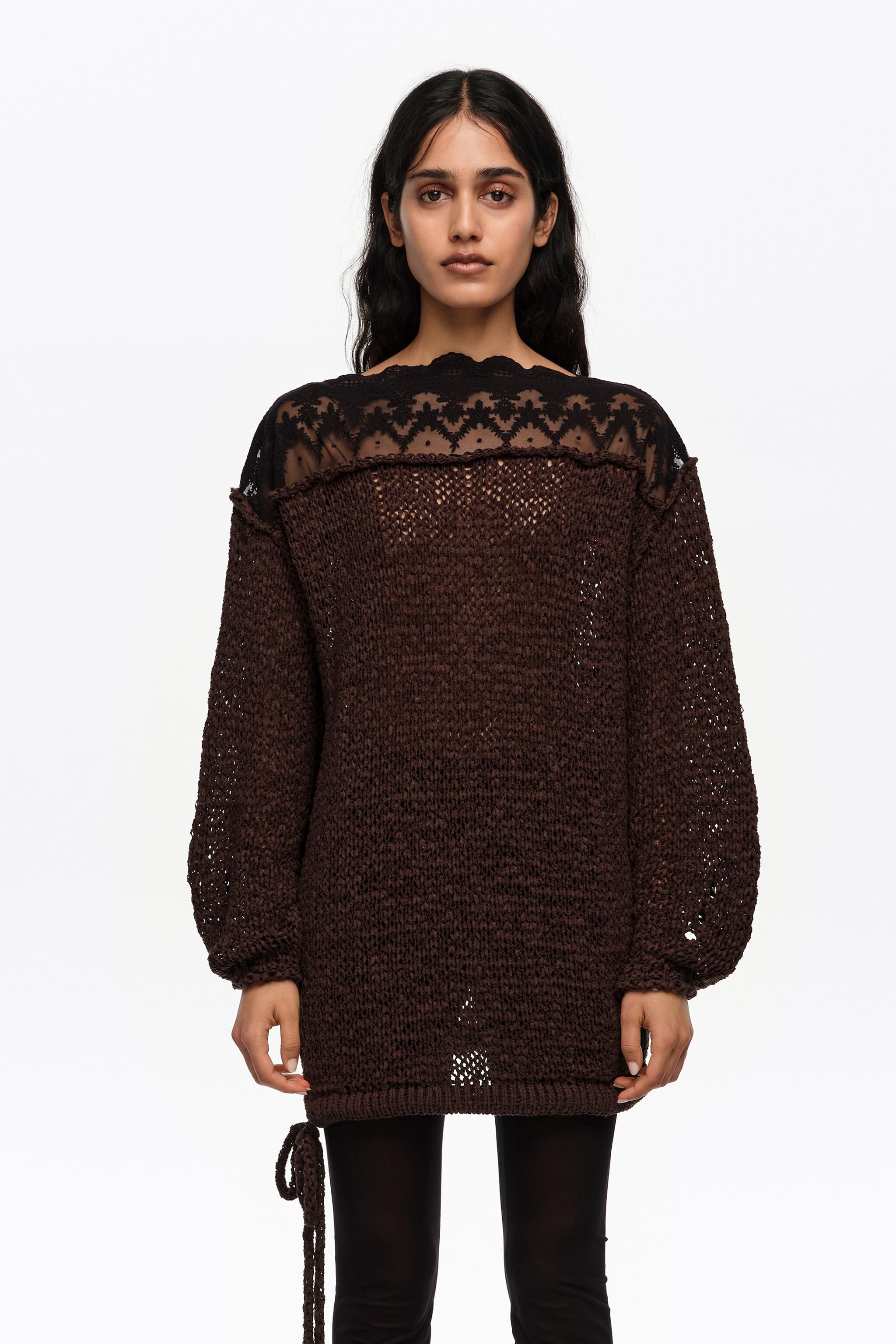 Dark brown lace boat neckline sweater