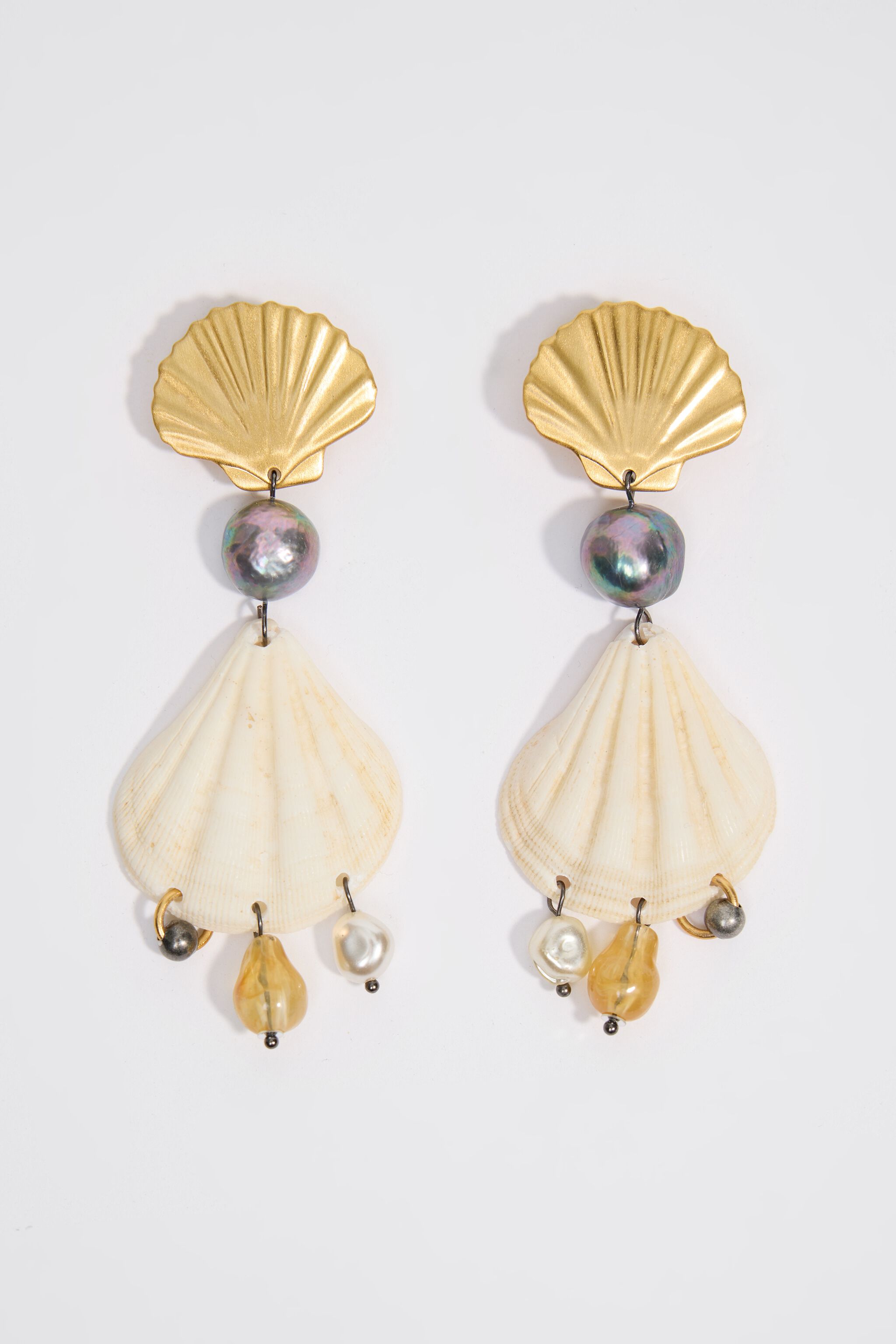 Aged gold metal and natural seashell earrings