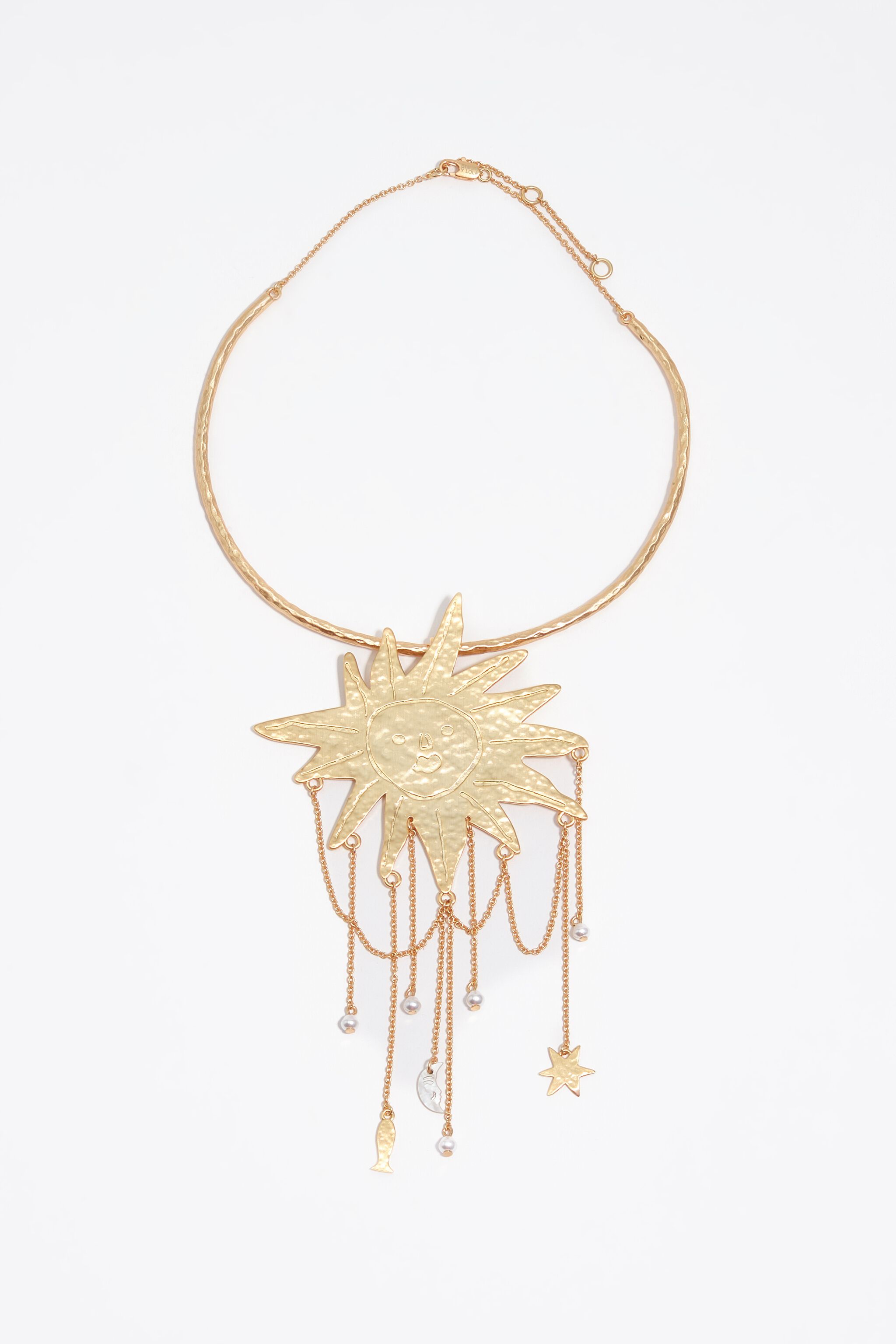 Sun and moon necklace with brushed gold chains and pearls