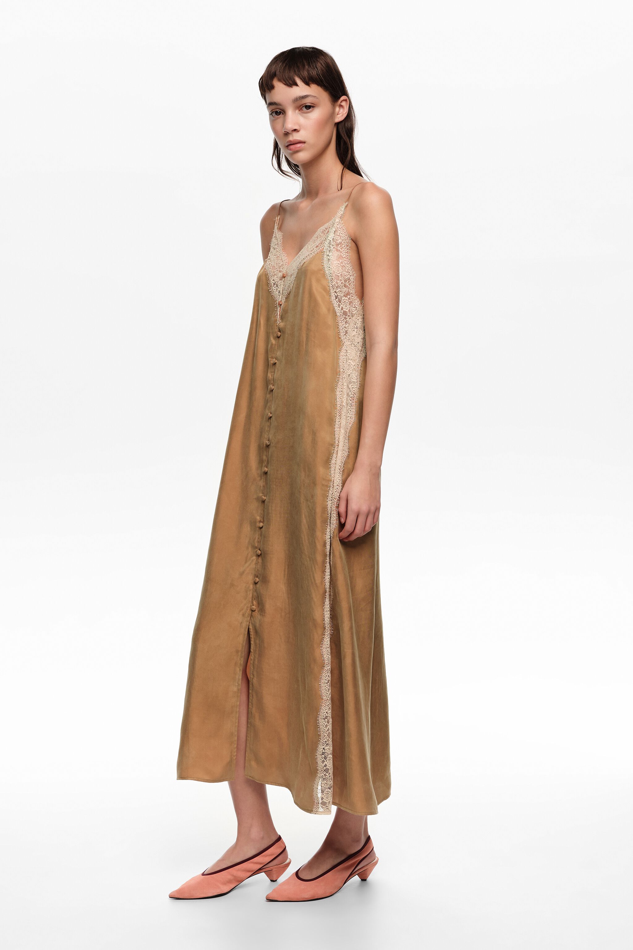 Toffee slip dress with contrast lace