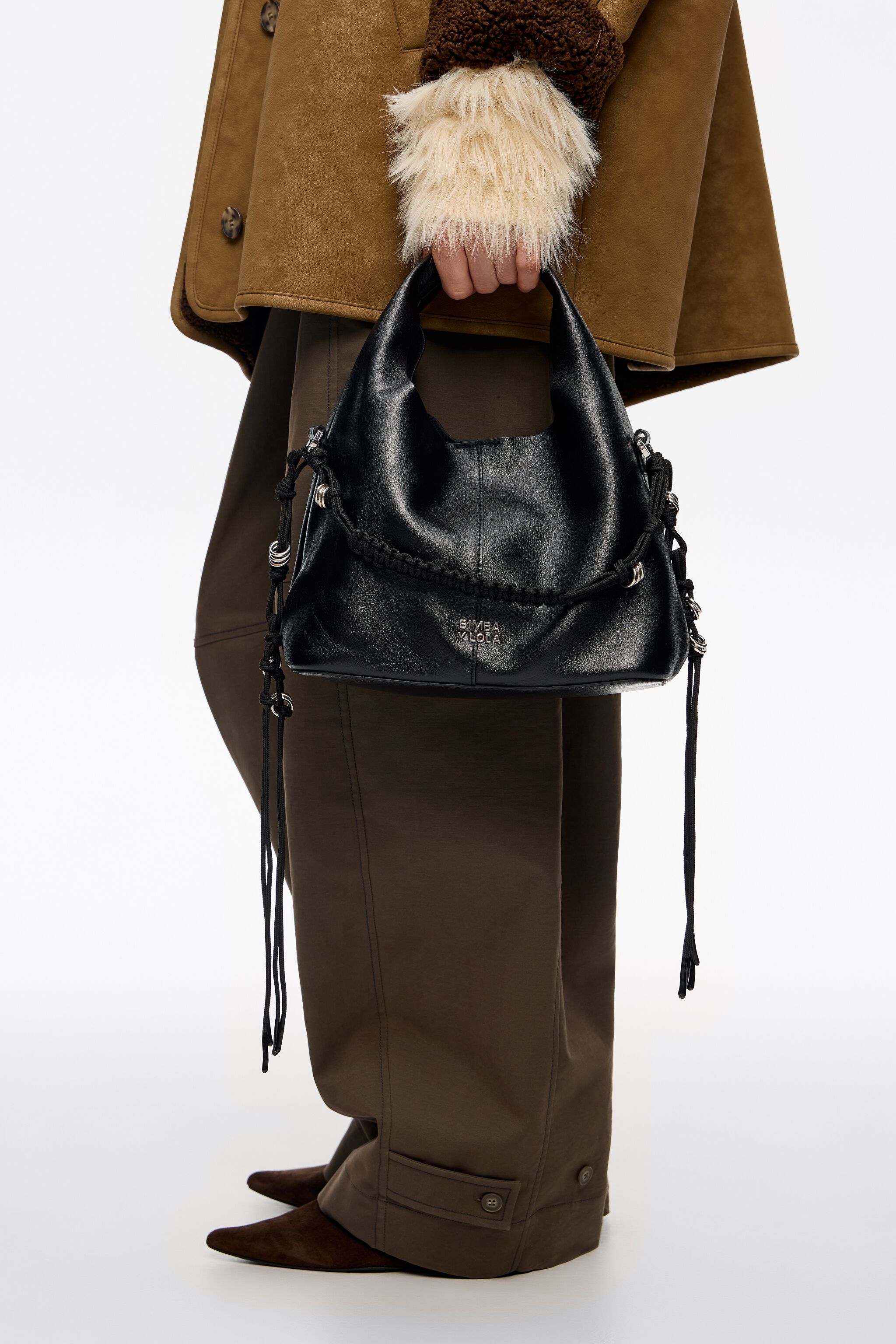 Small black leather plaited handle Paper bag