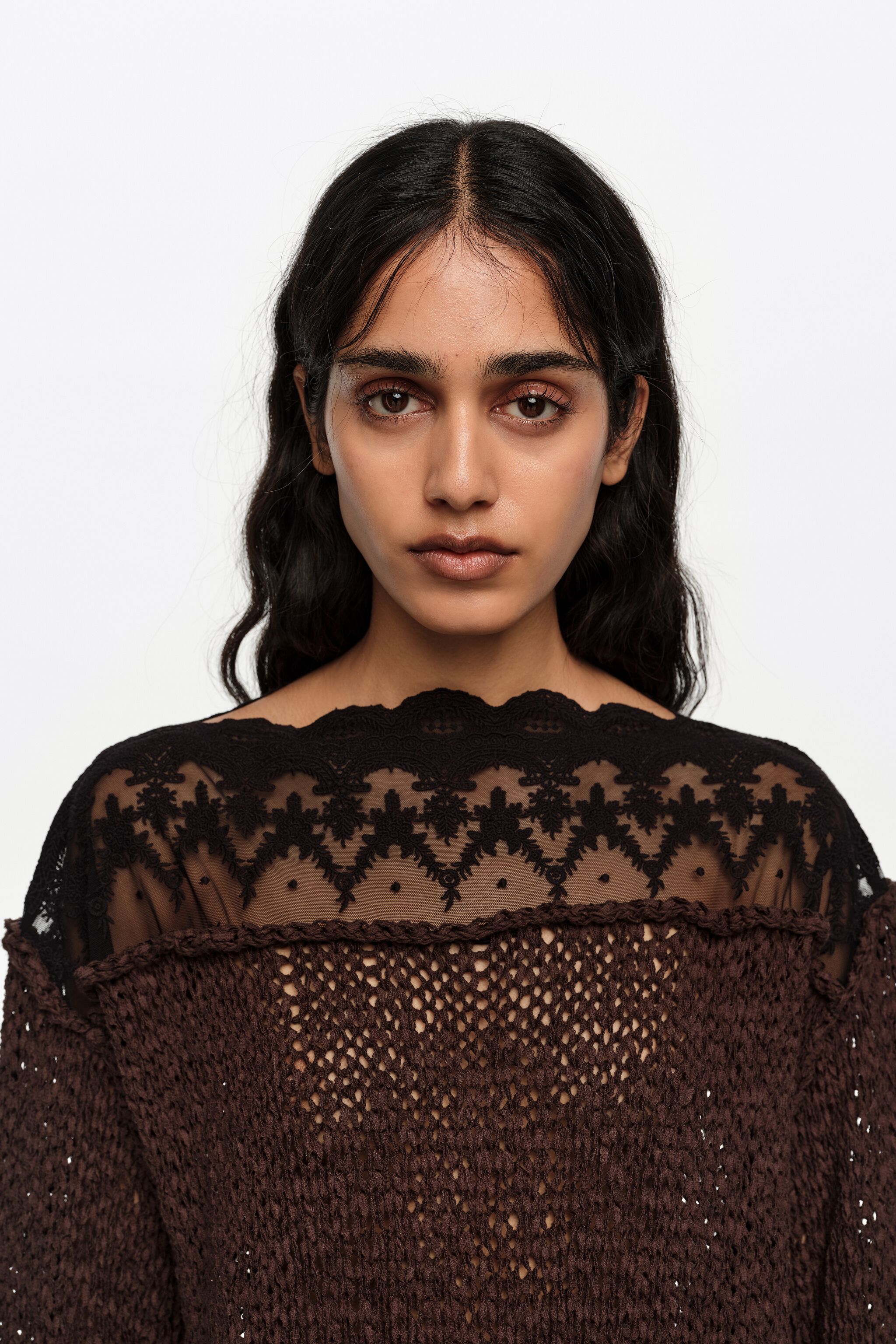 Dark brown lace boat neckline sweater