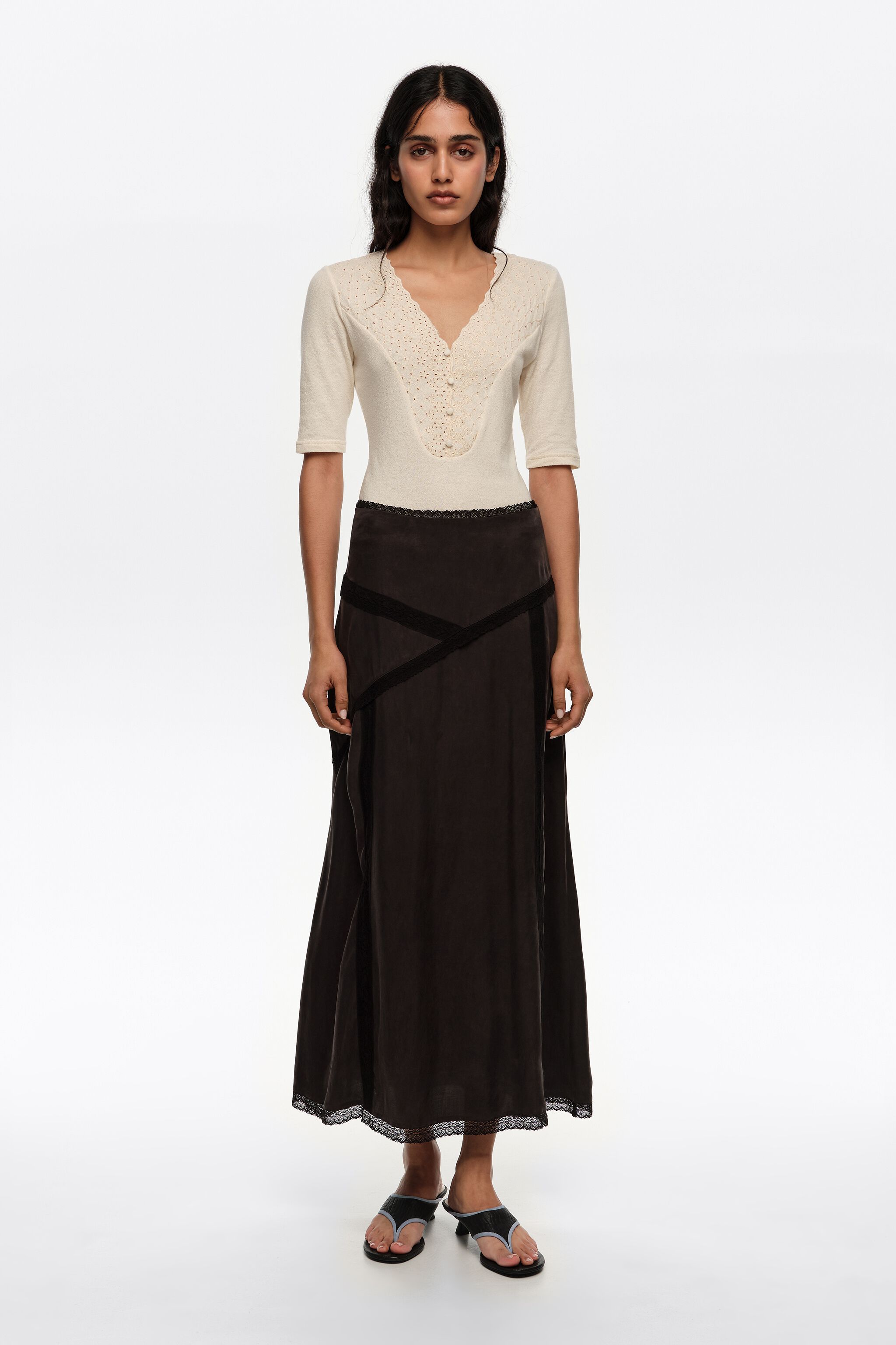 Washed black lace midi skirt