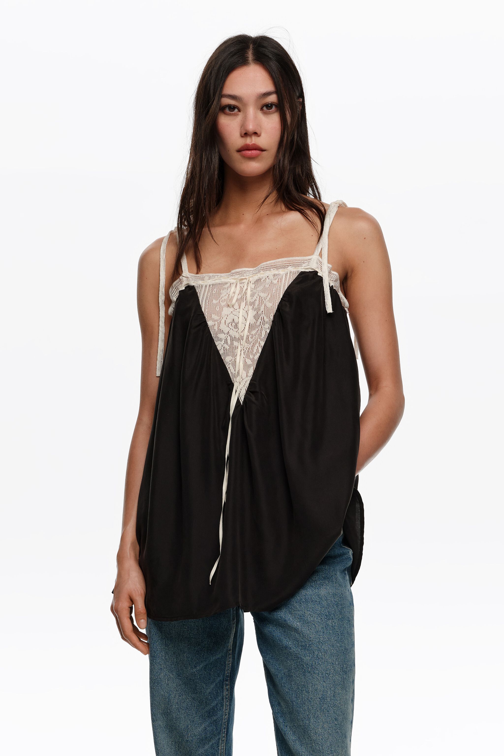 Black silk lace vest top