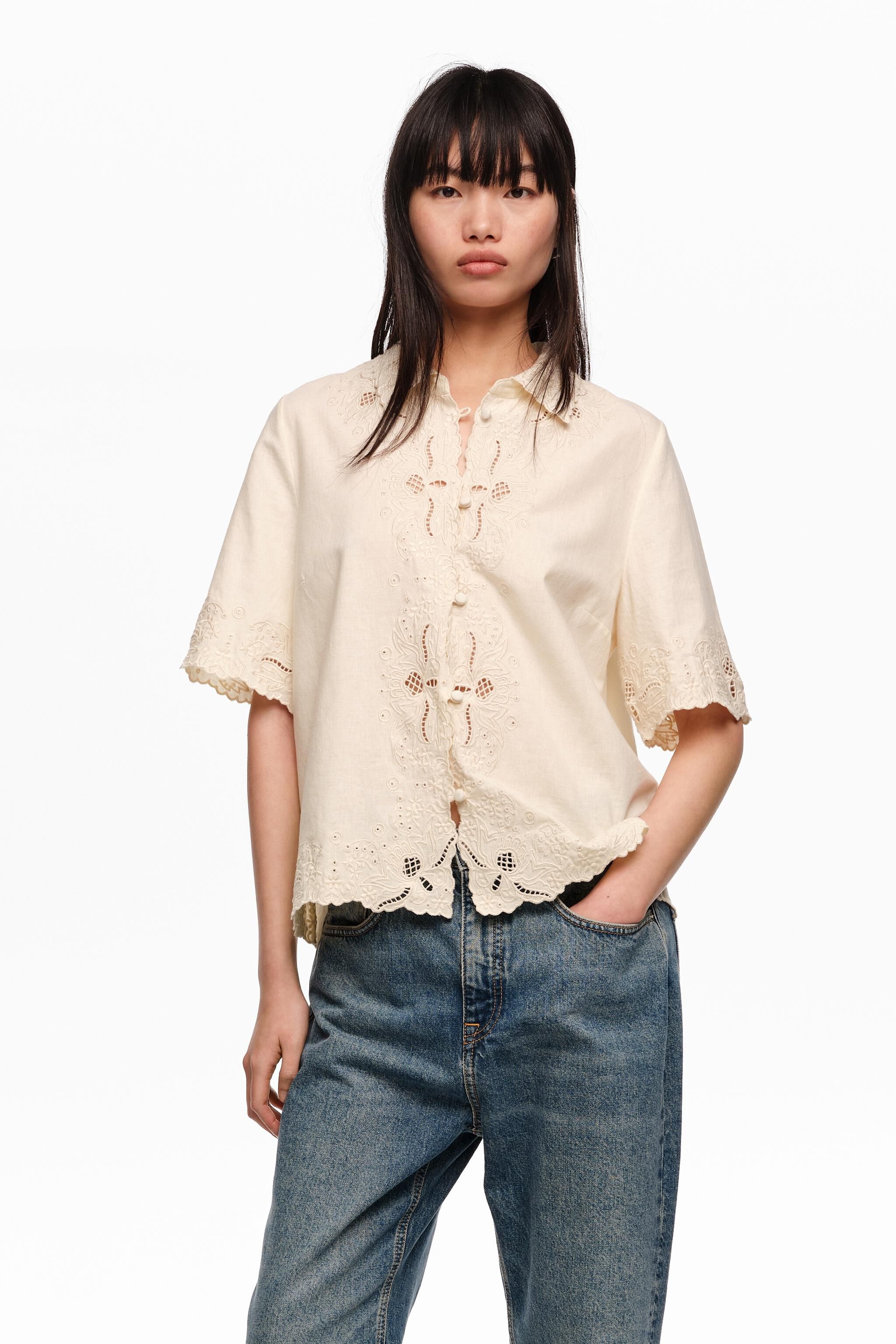 Beige linen cotton embroidered shirt