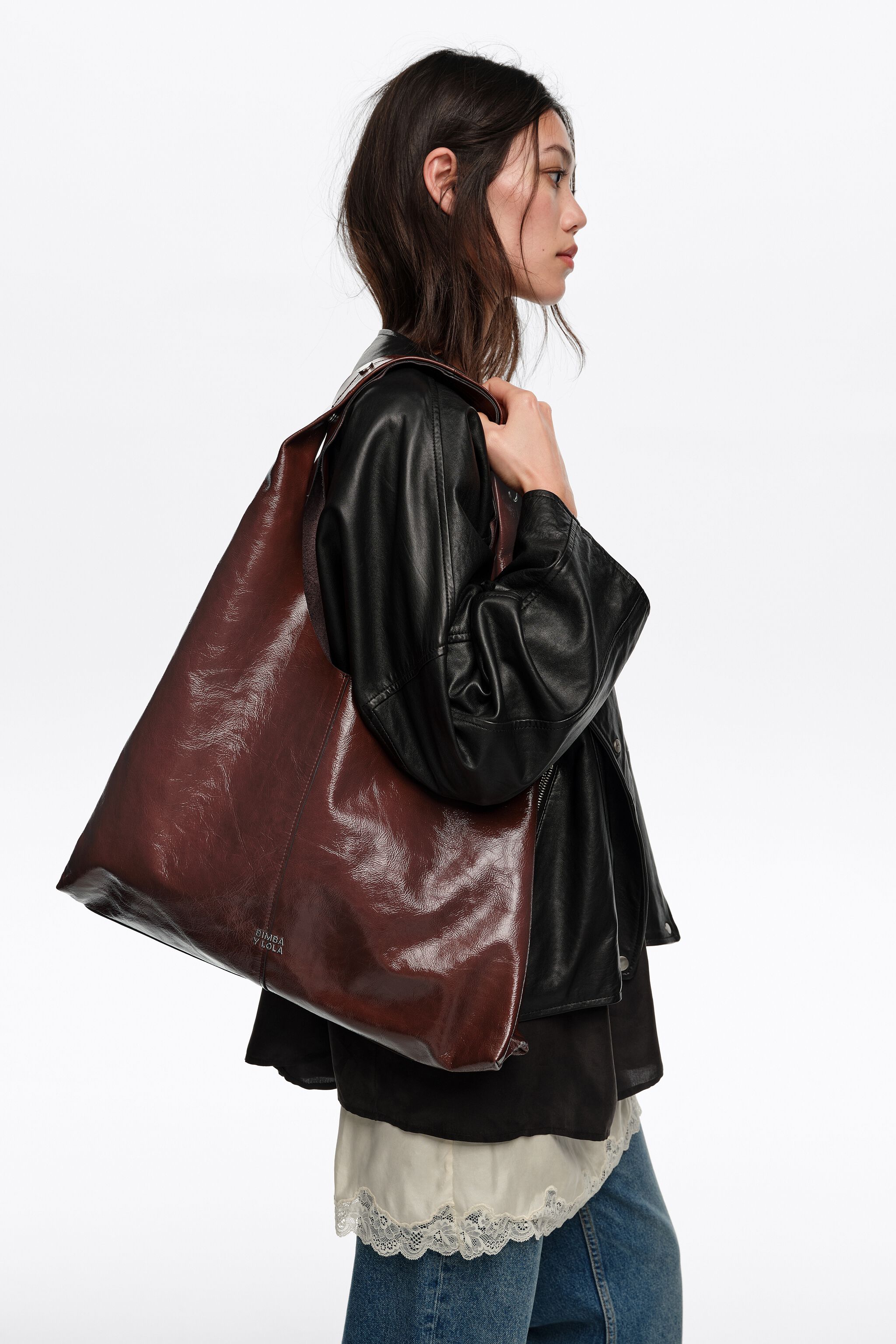 Mocha shiny leather maxi Bikini Paper bag