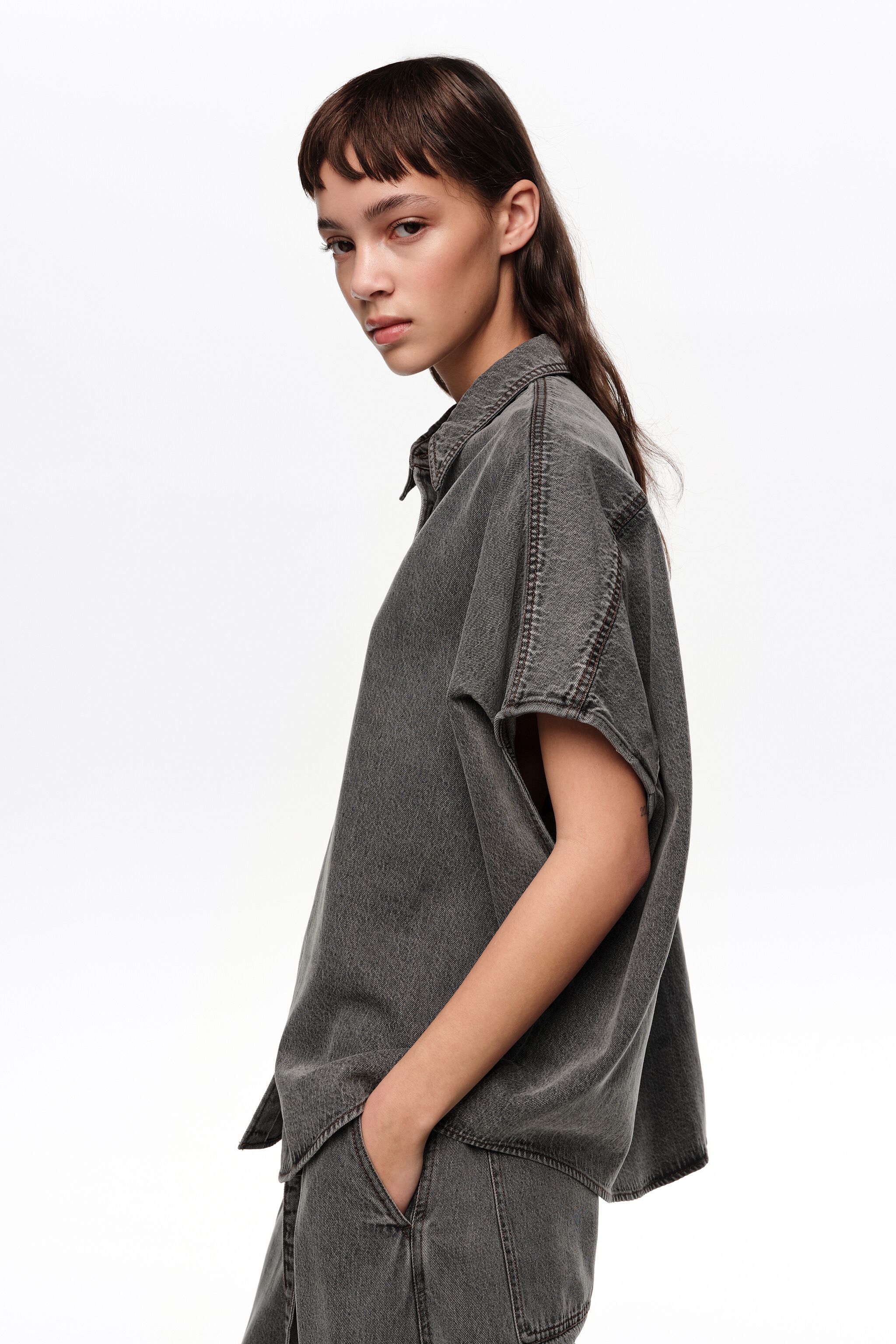 Black washed denim cape shirt