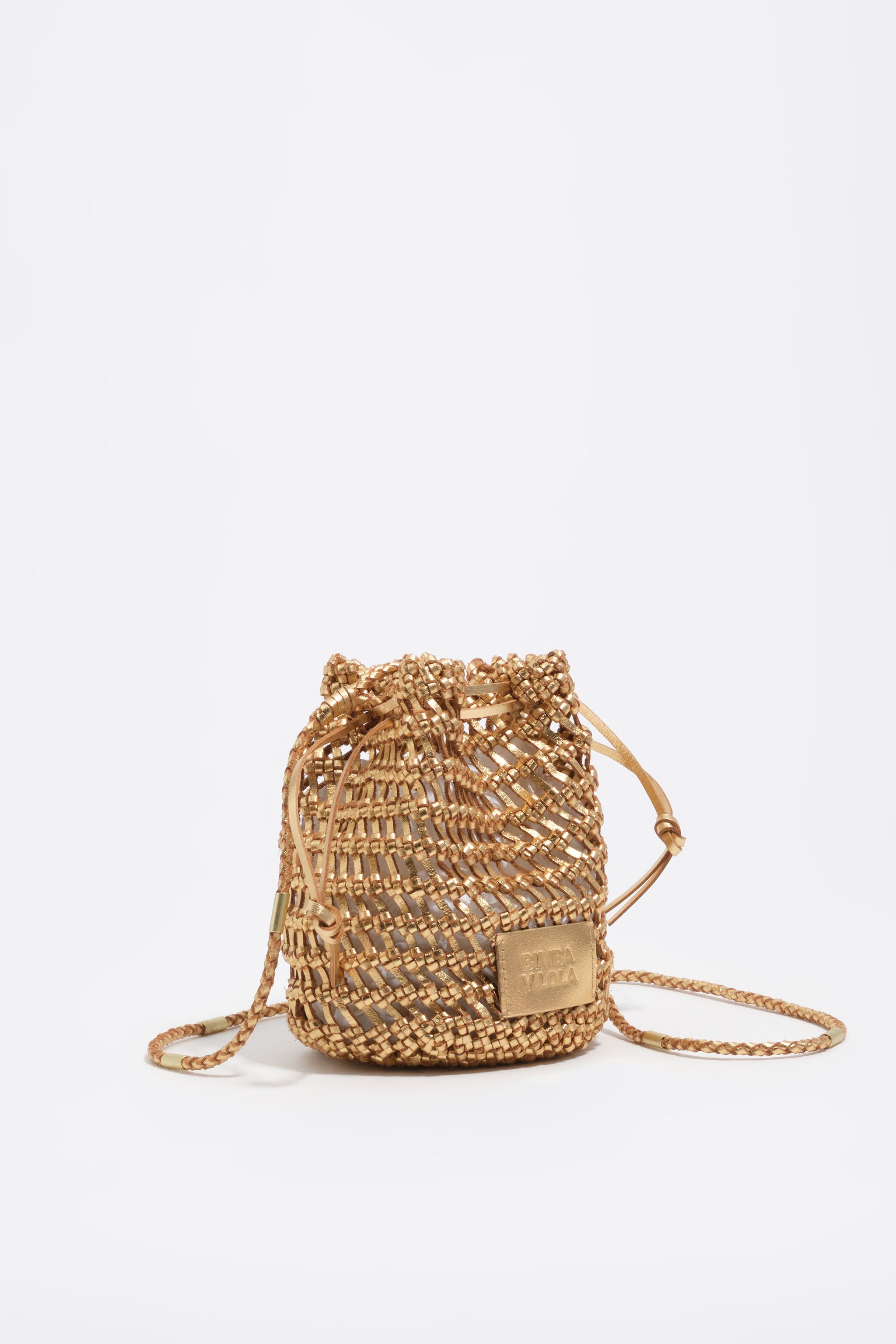 Gold plaited leather mini bucket bag