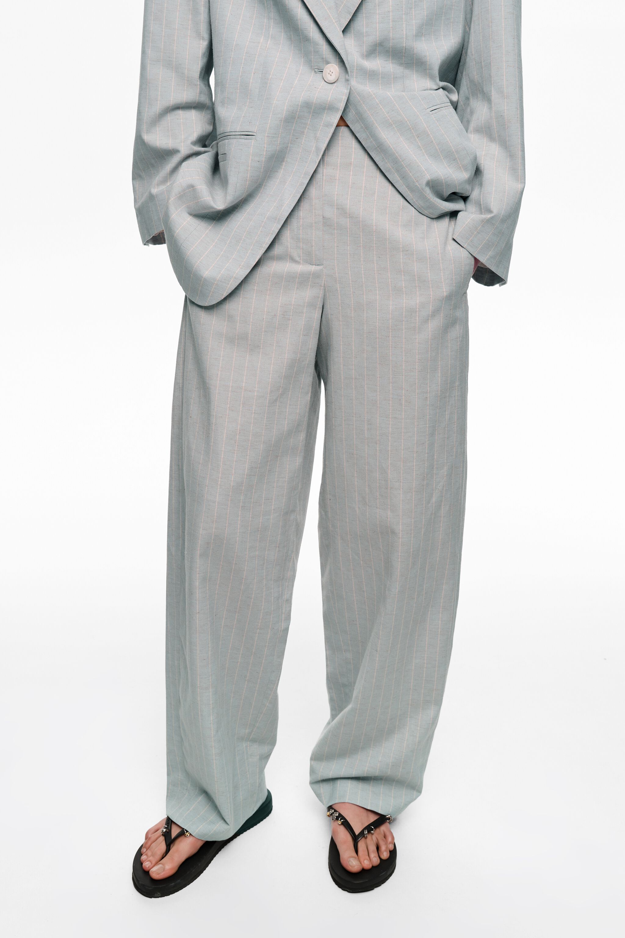 Light blue linen striped darted trousers
