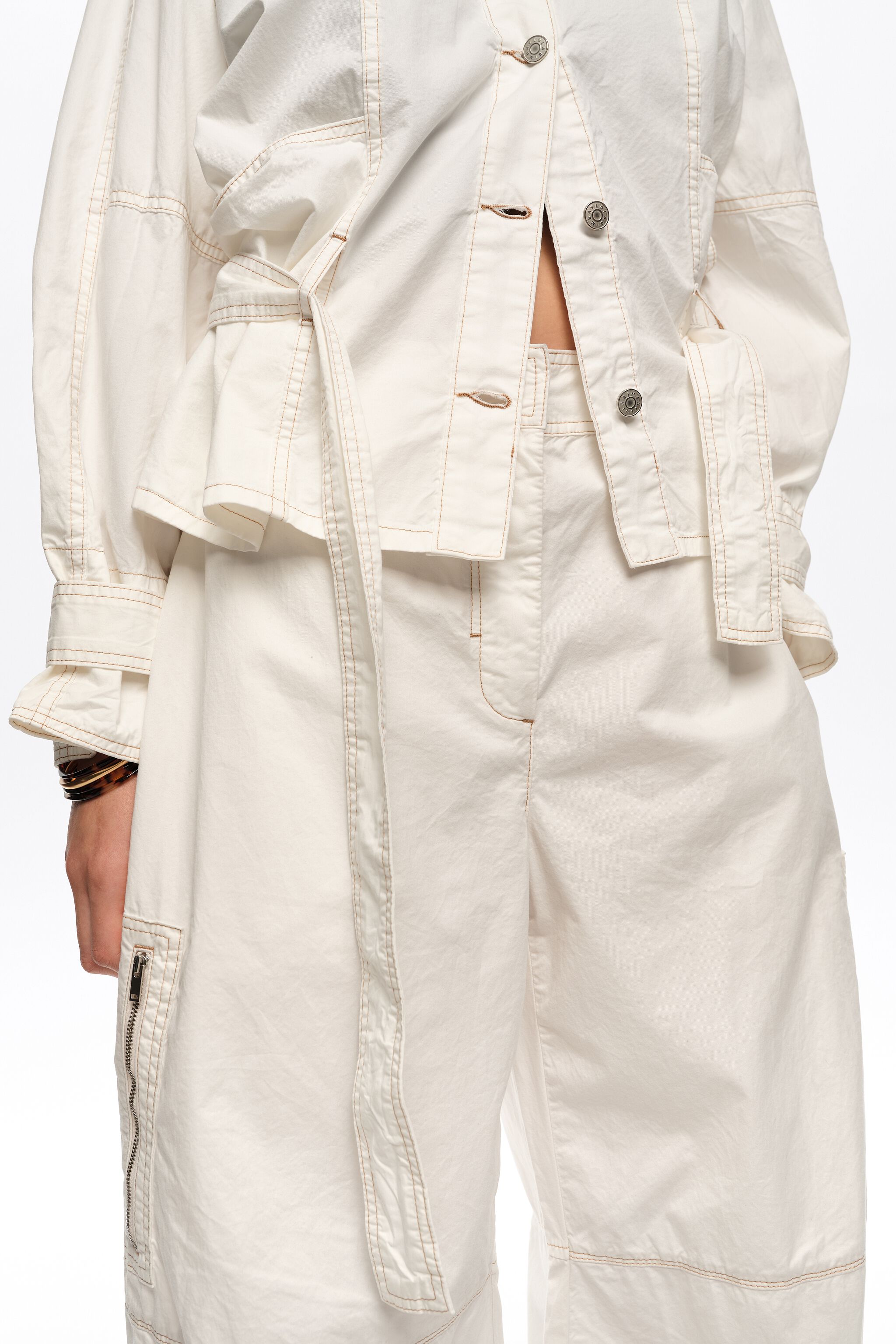 Adjustable barrel leg trousers, off-white washed cotton