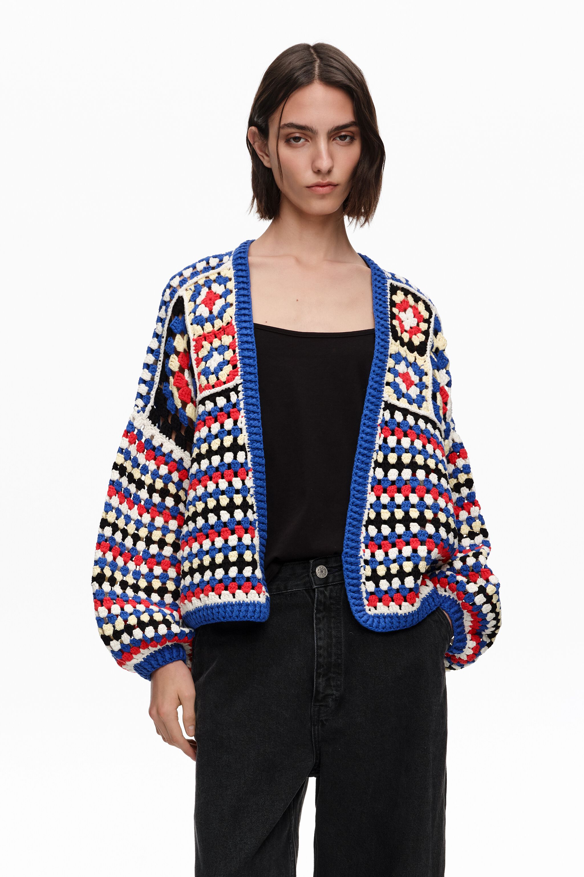 Blue multicolor crochet balloon cardigan