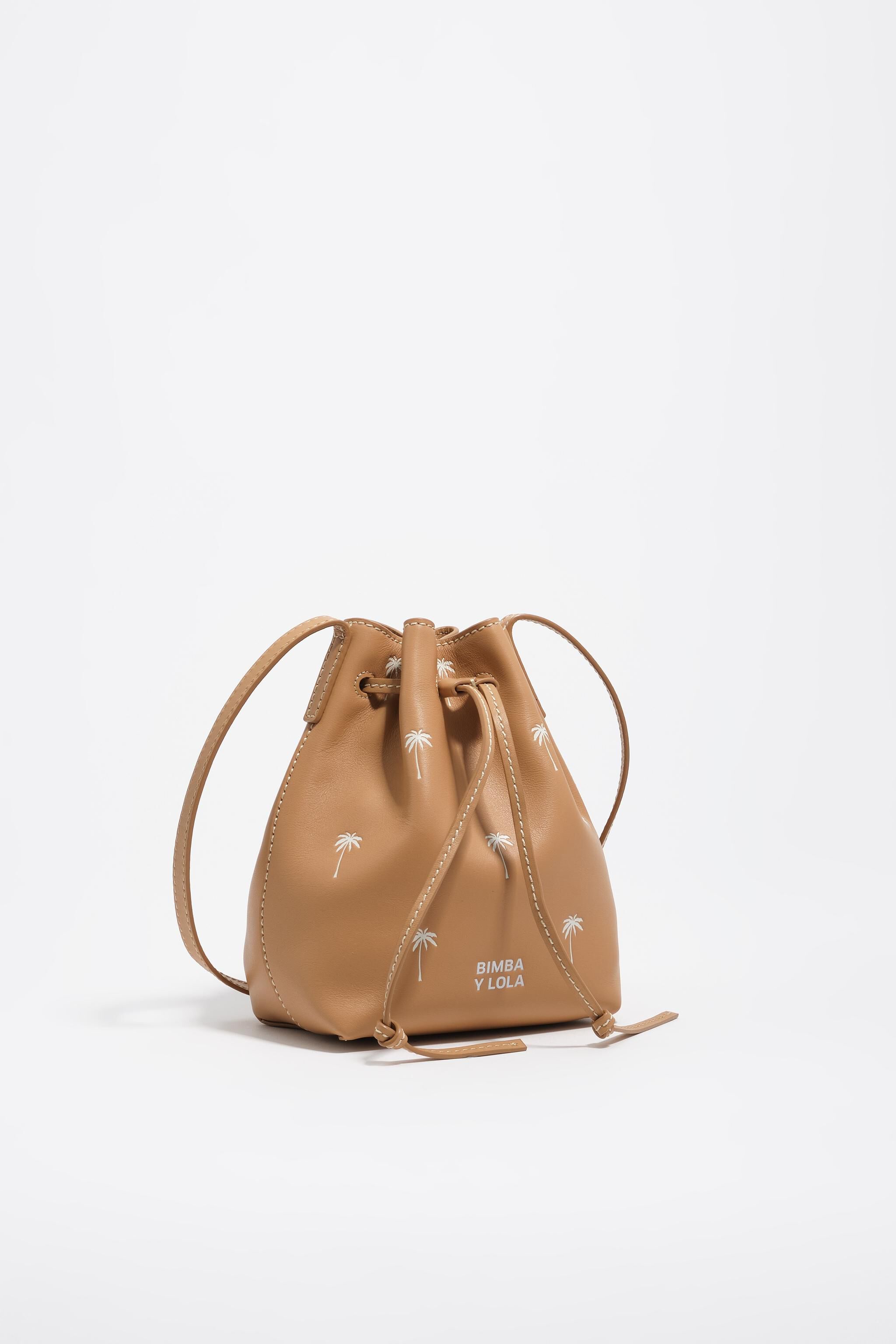 Hazelnut small leather bucket bag