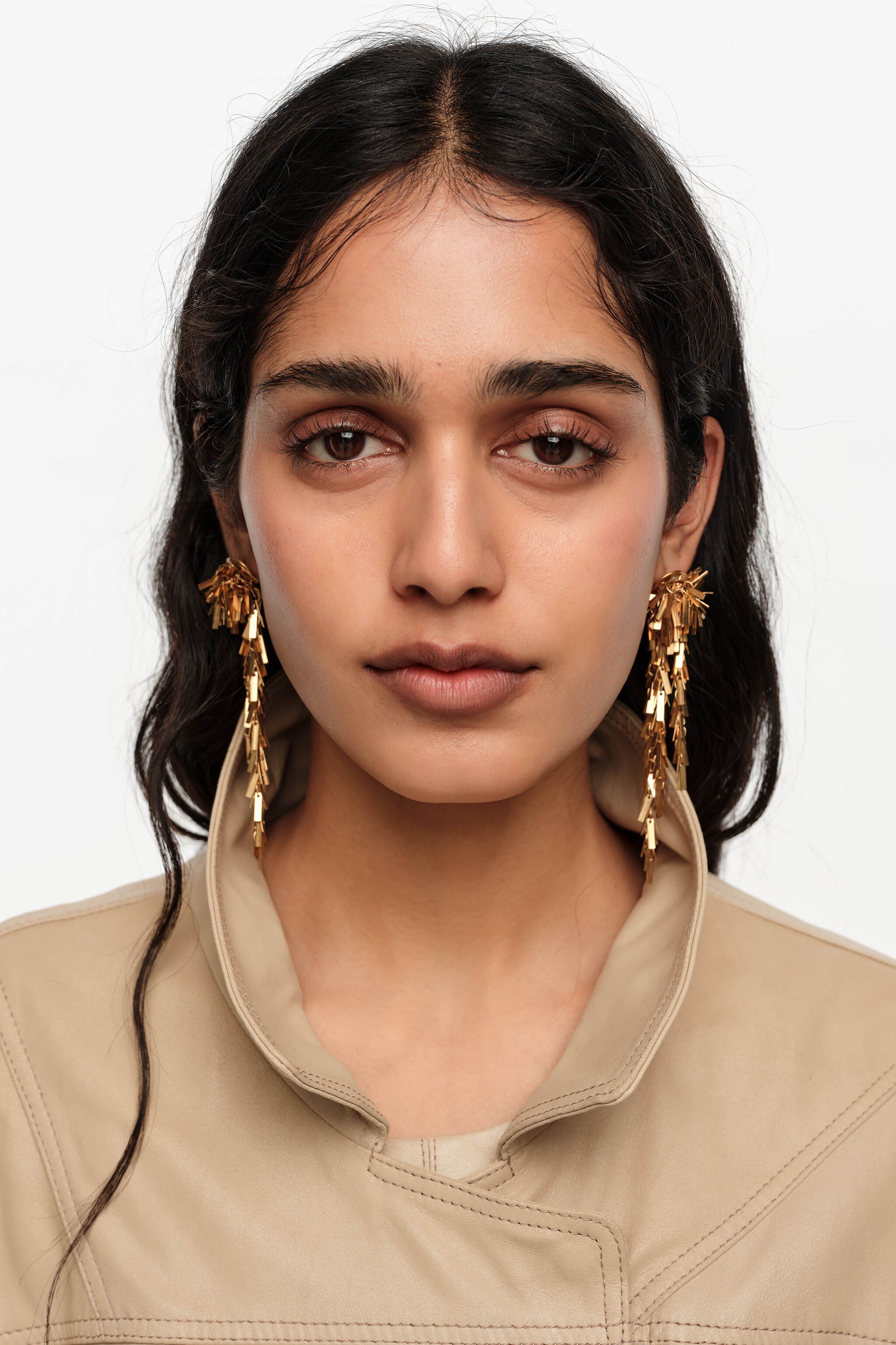Aged gold metal chain earrings with fringe