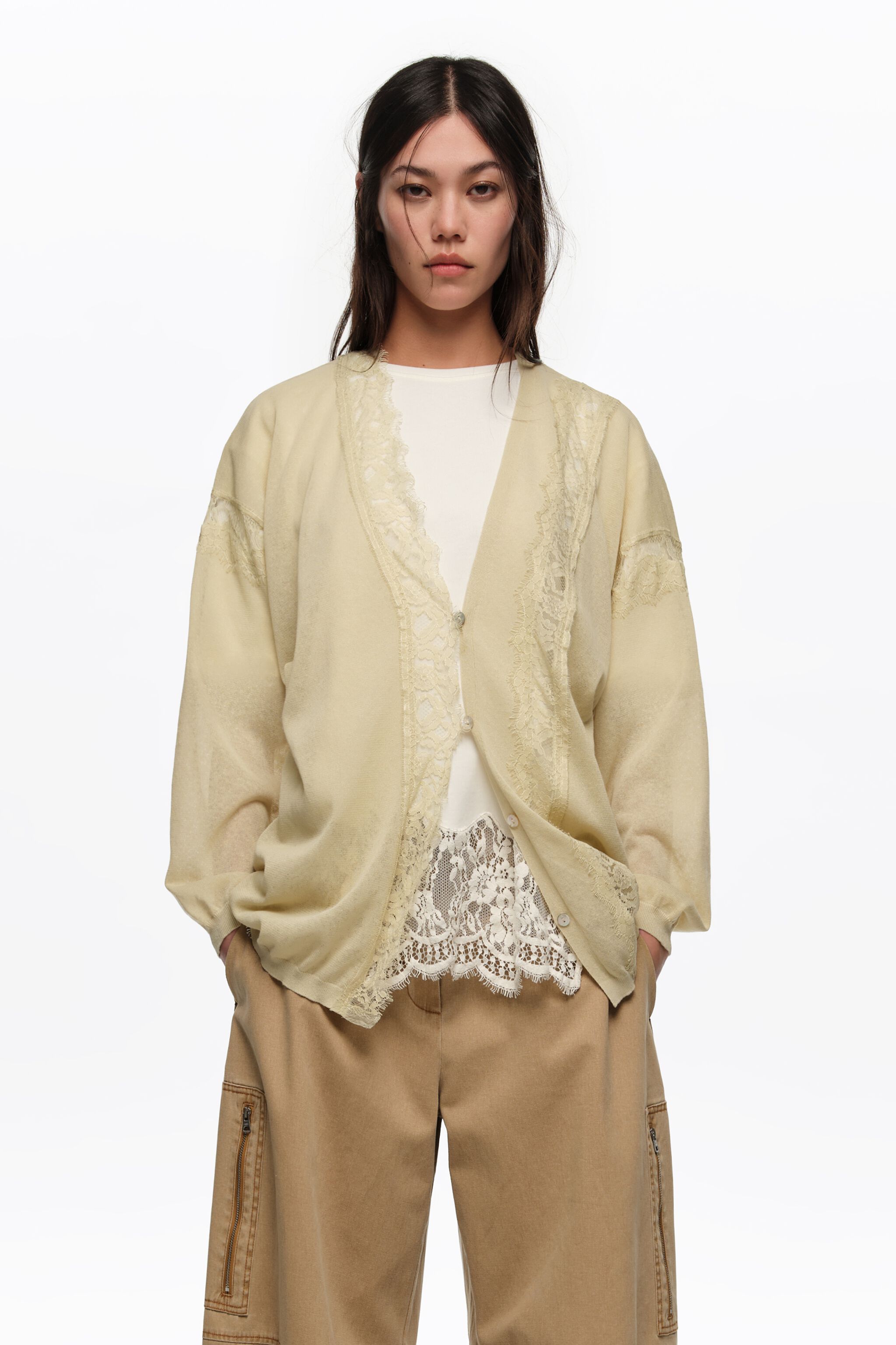 Long light green cotton and linen cardigan with lace trim