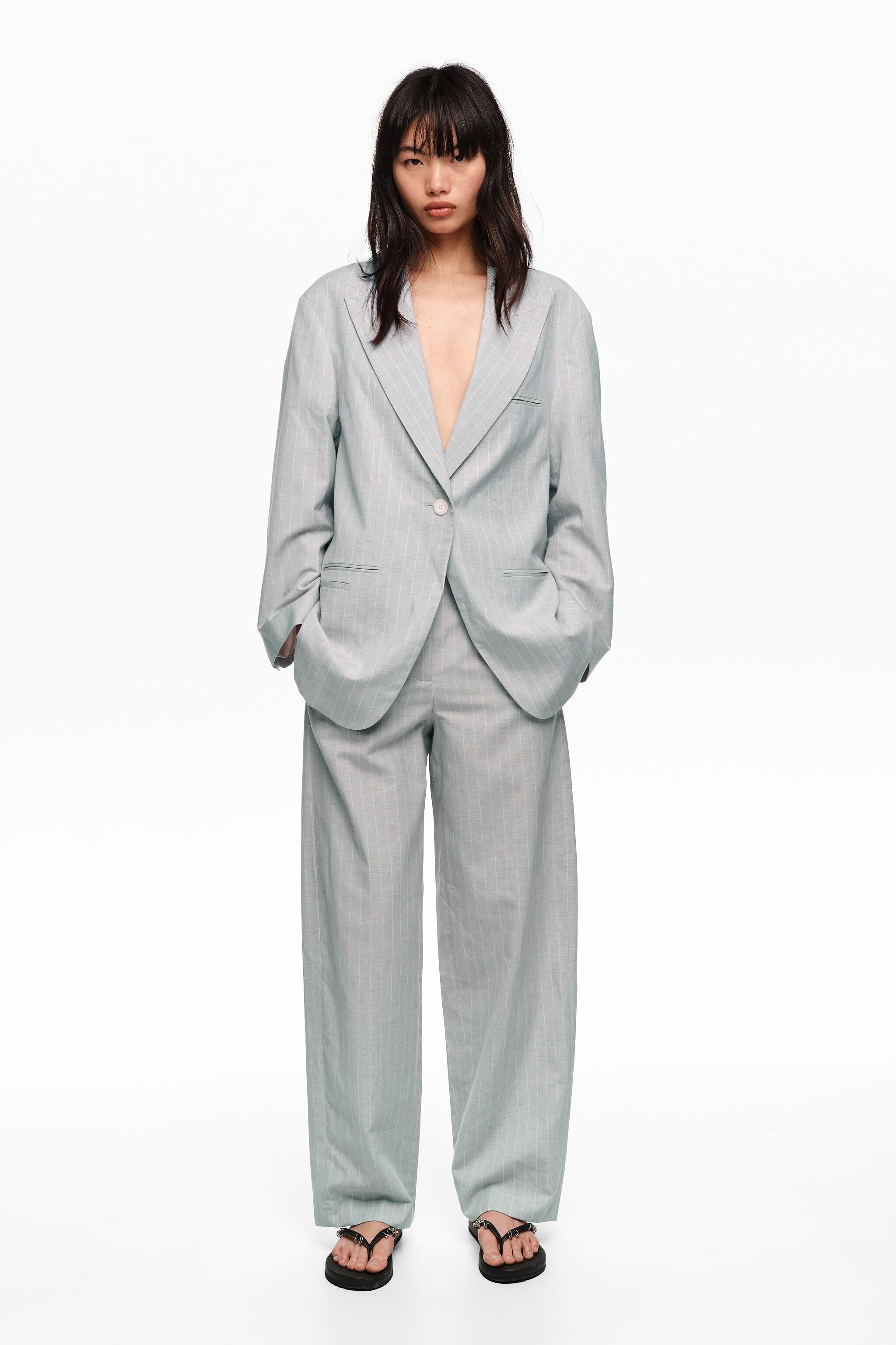 Light blue linen striped darted trousers