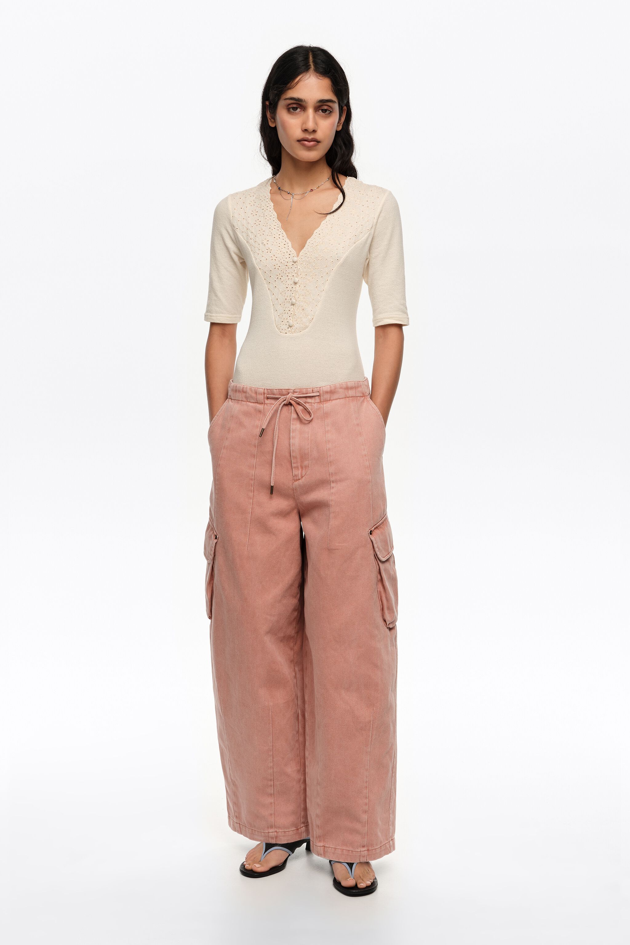 Peach denim cargo trousers