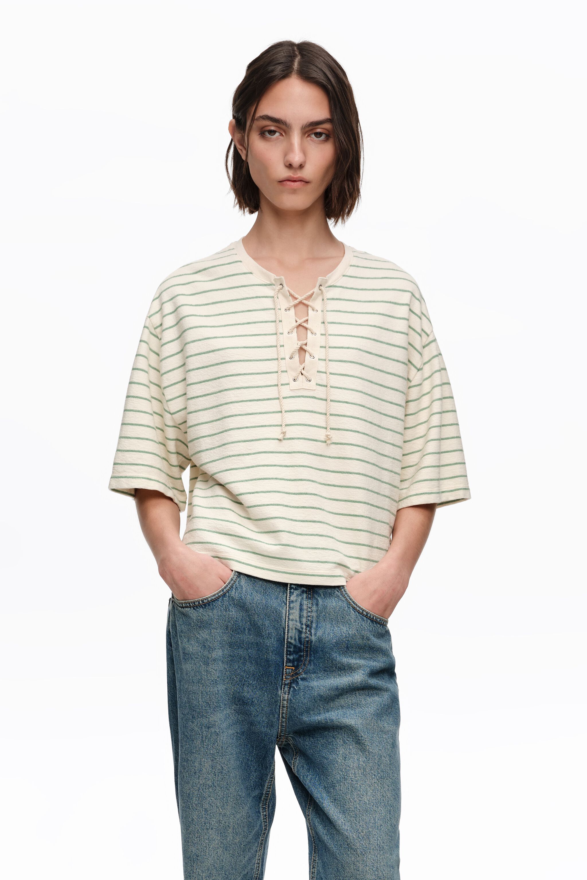 Green striped adjustable crew neck T-shirt