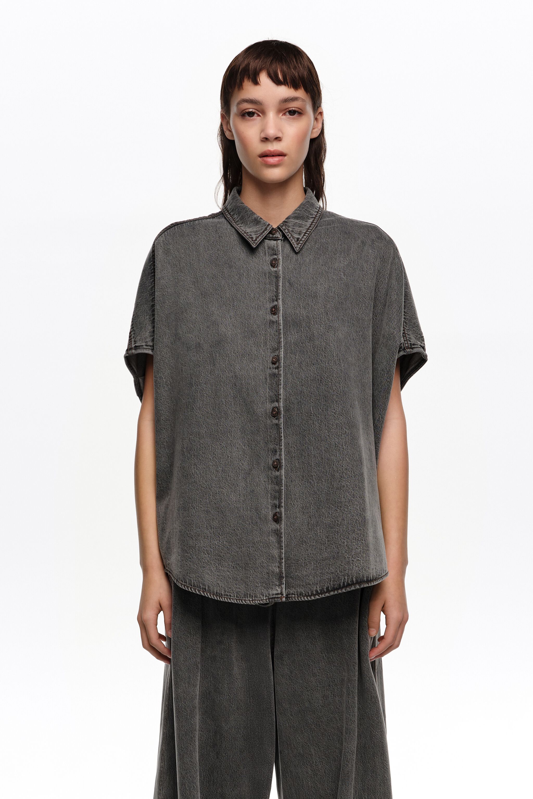 Black washed denim cape shirt