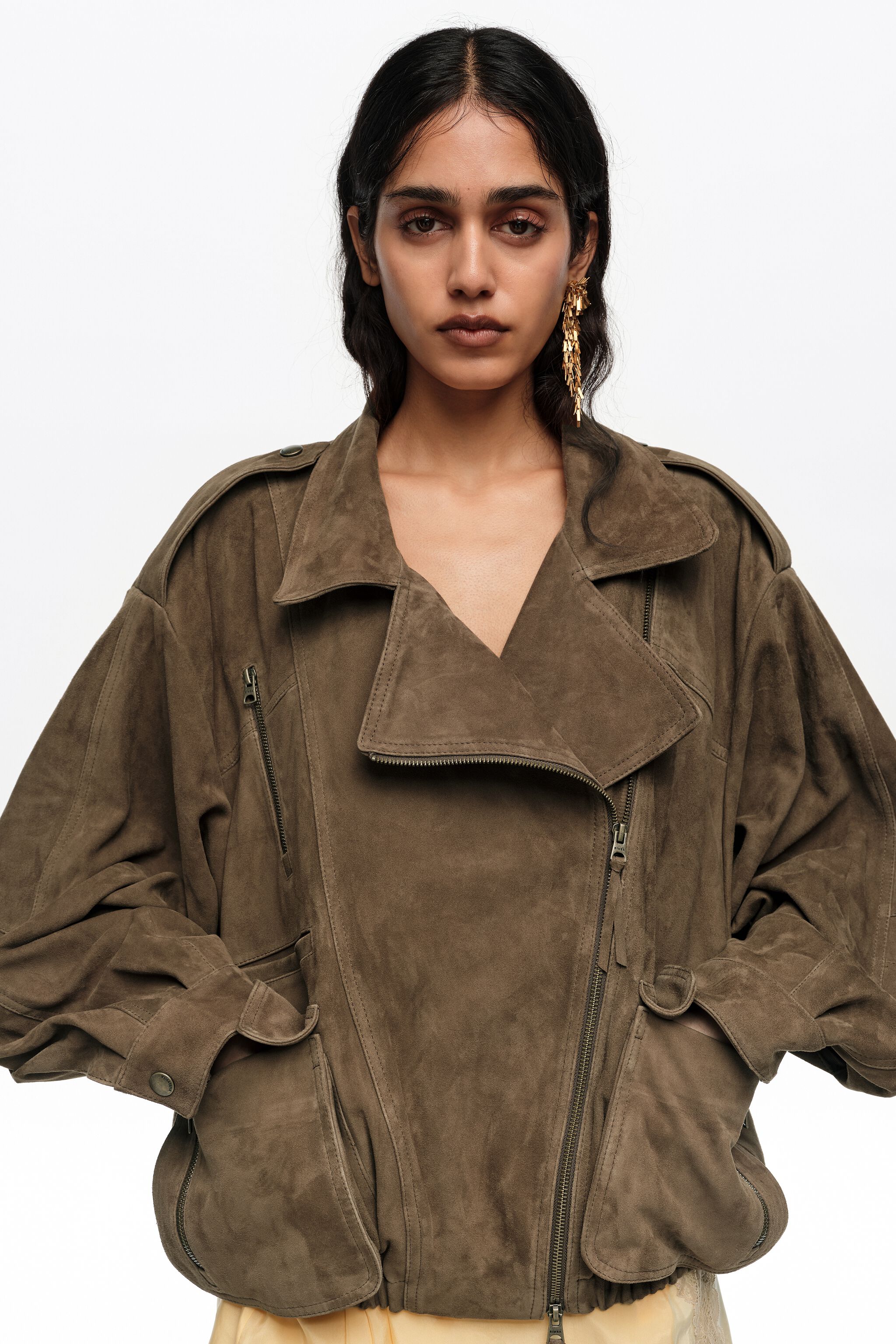 Dark olive suede double-breasted jacket