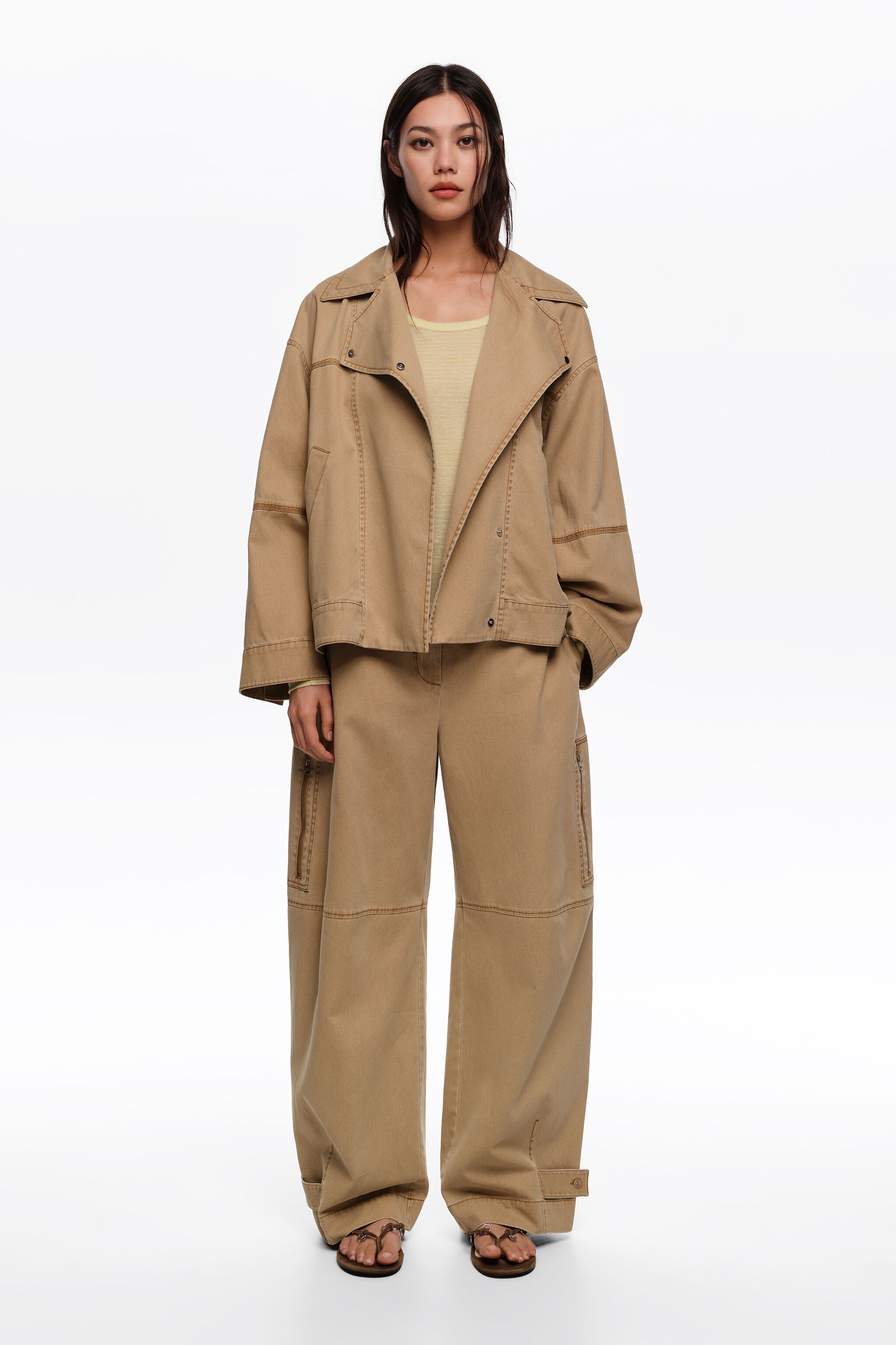 Camel cotton adjustable barrel trousers