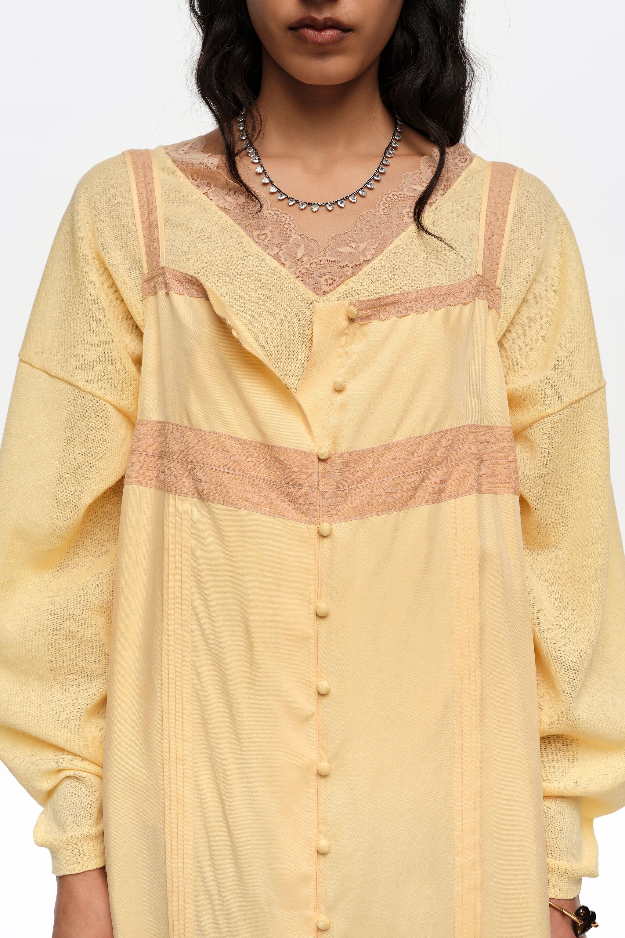 Yellow A-line dress with buttons and lace