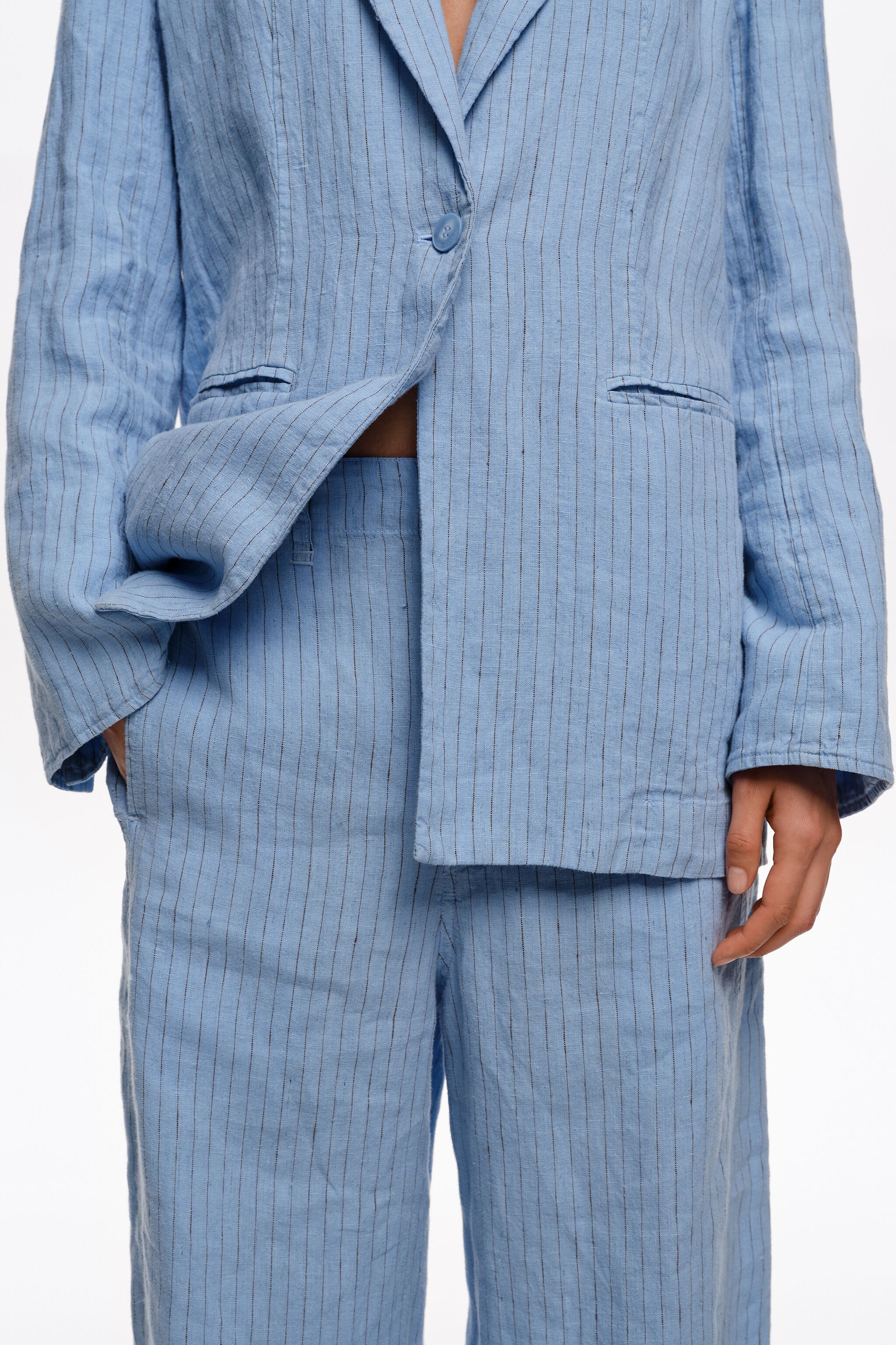 Light blue striped washed linen barrel trousers