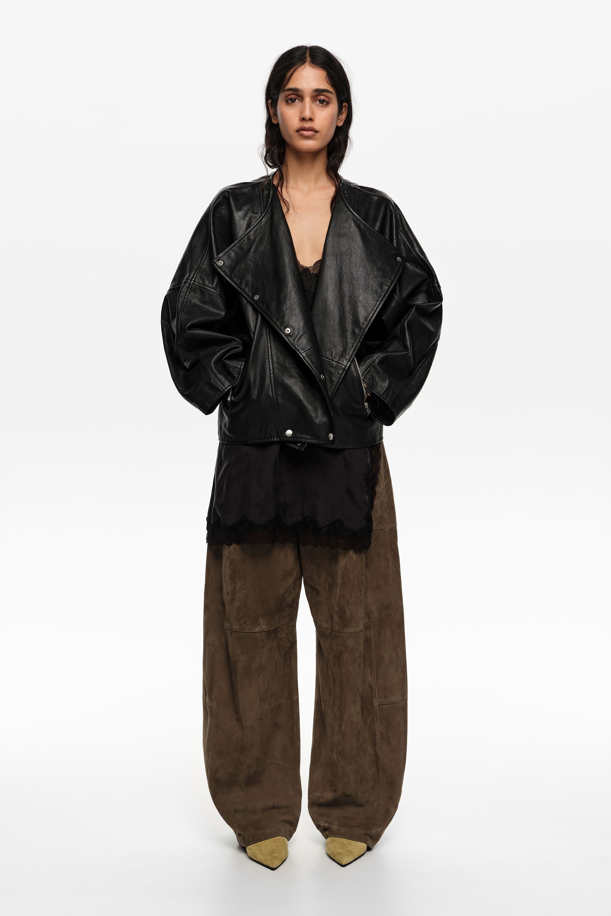 Black leather double-breasted jacket