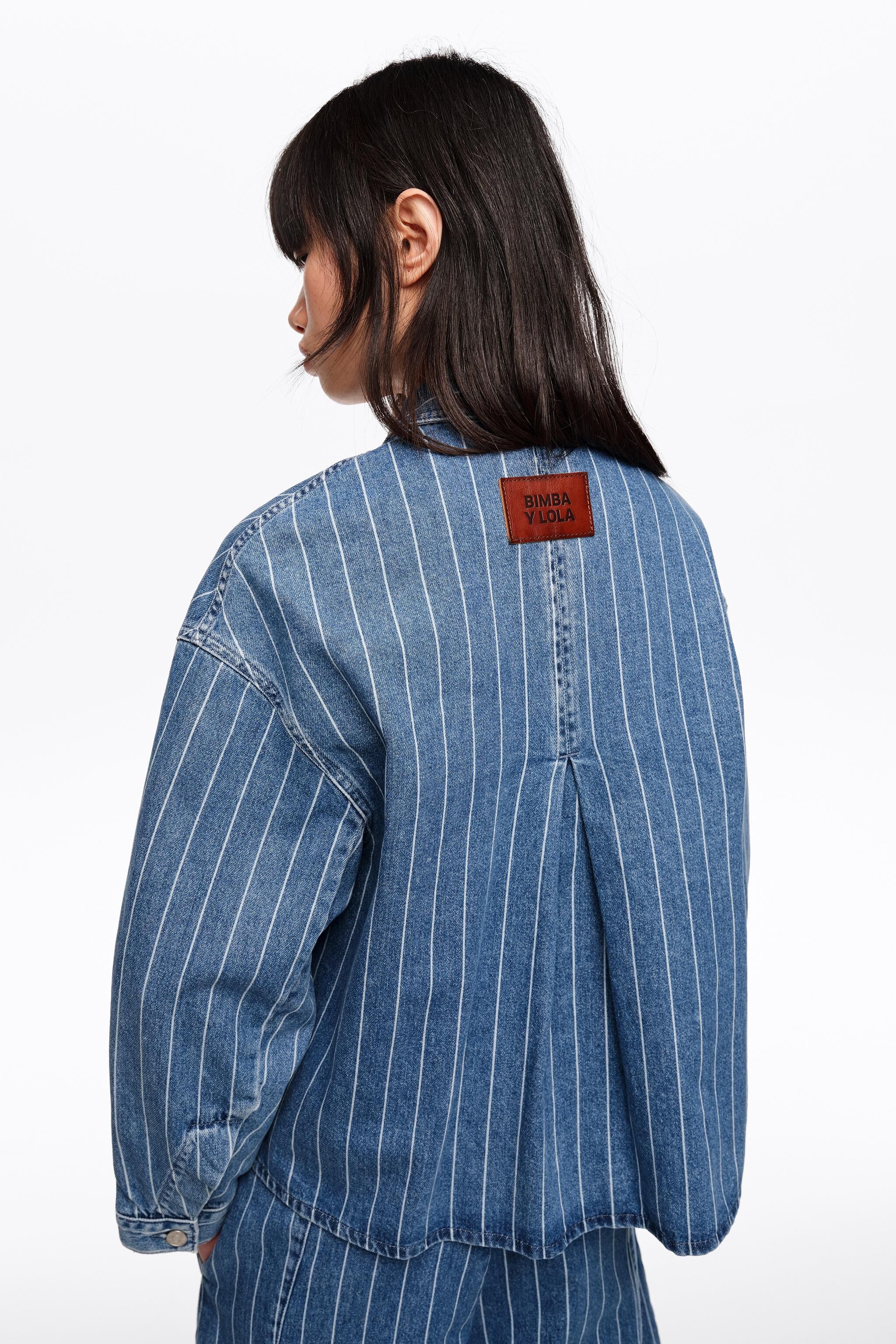 Faded A-line denim jacket with blue stripes