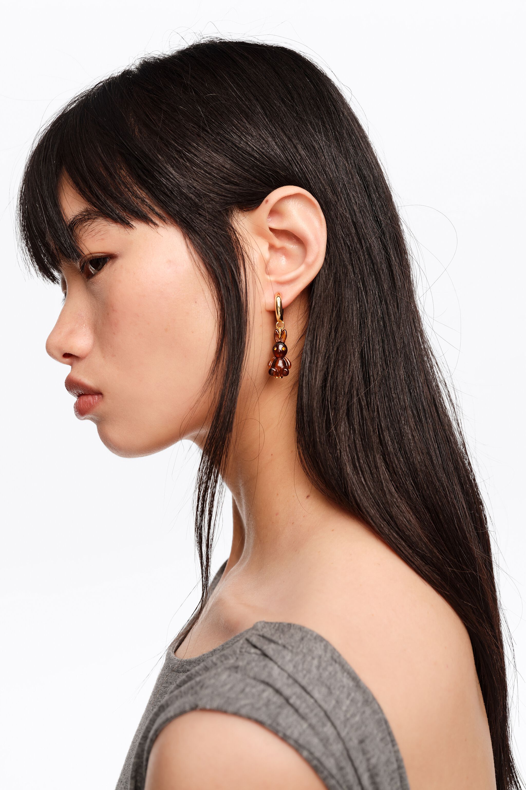 Amber resin rabbit hoop earrings