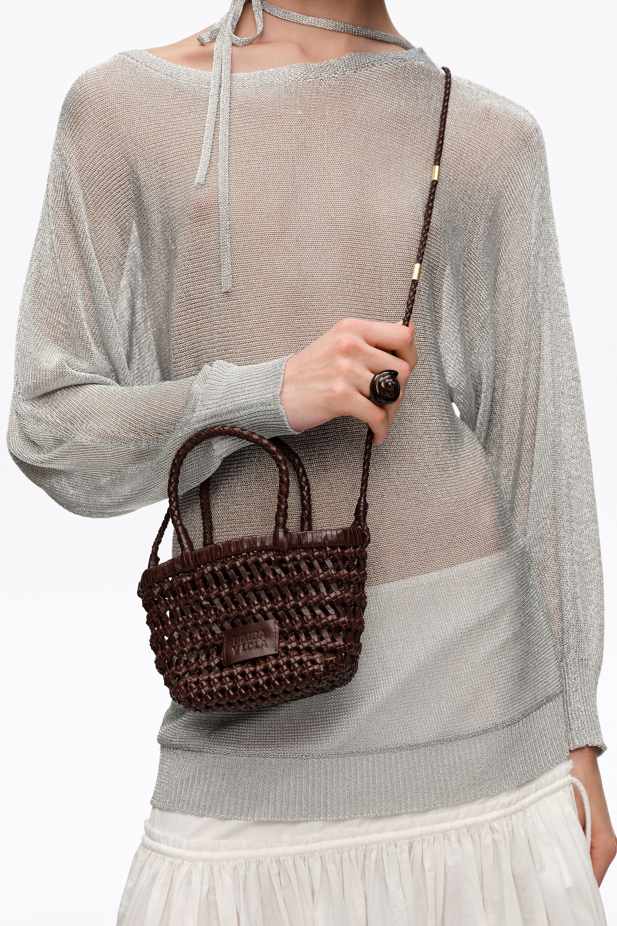 Dark brown mini plaited leather bag