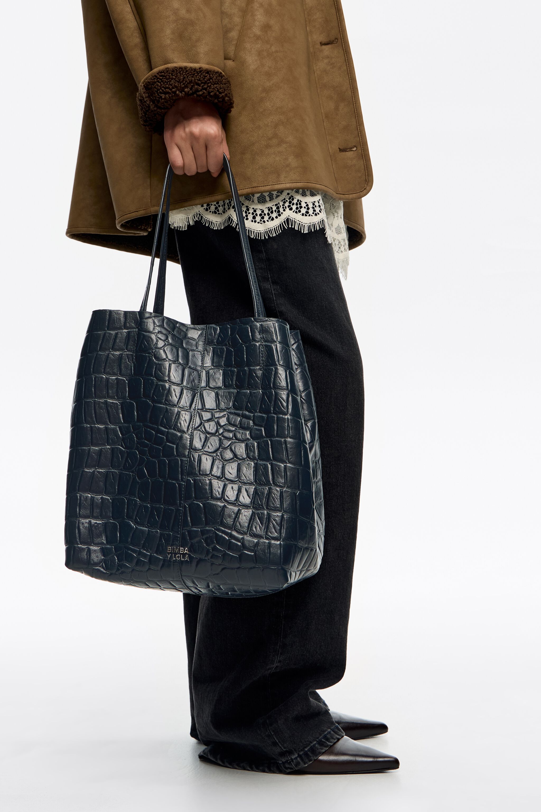 Large leather shopper bag in petrol blue crocodile embossed