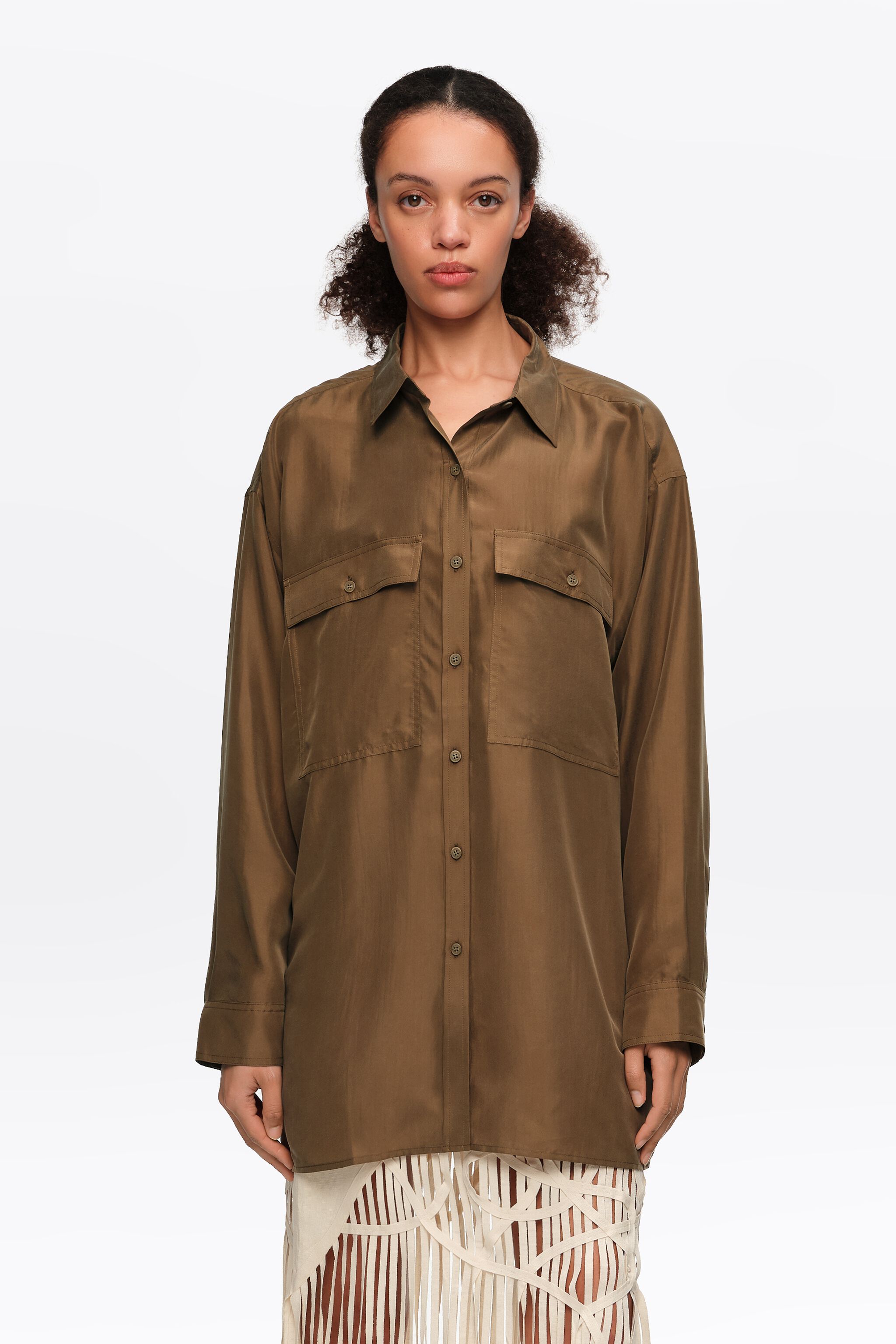 Olive oversize silk shirt