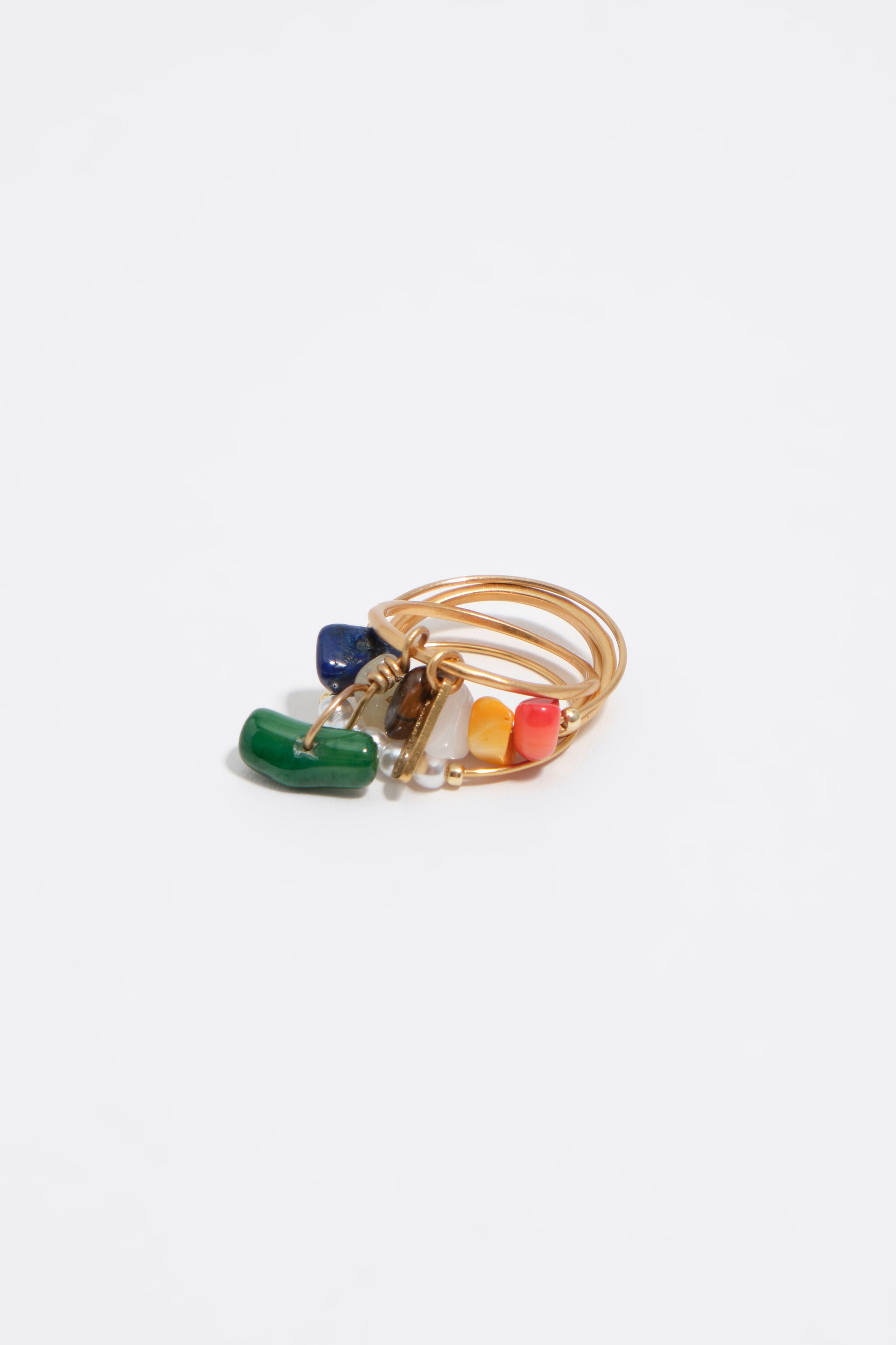 Set of matte gold rings with stones and pearls