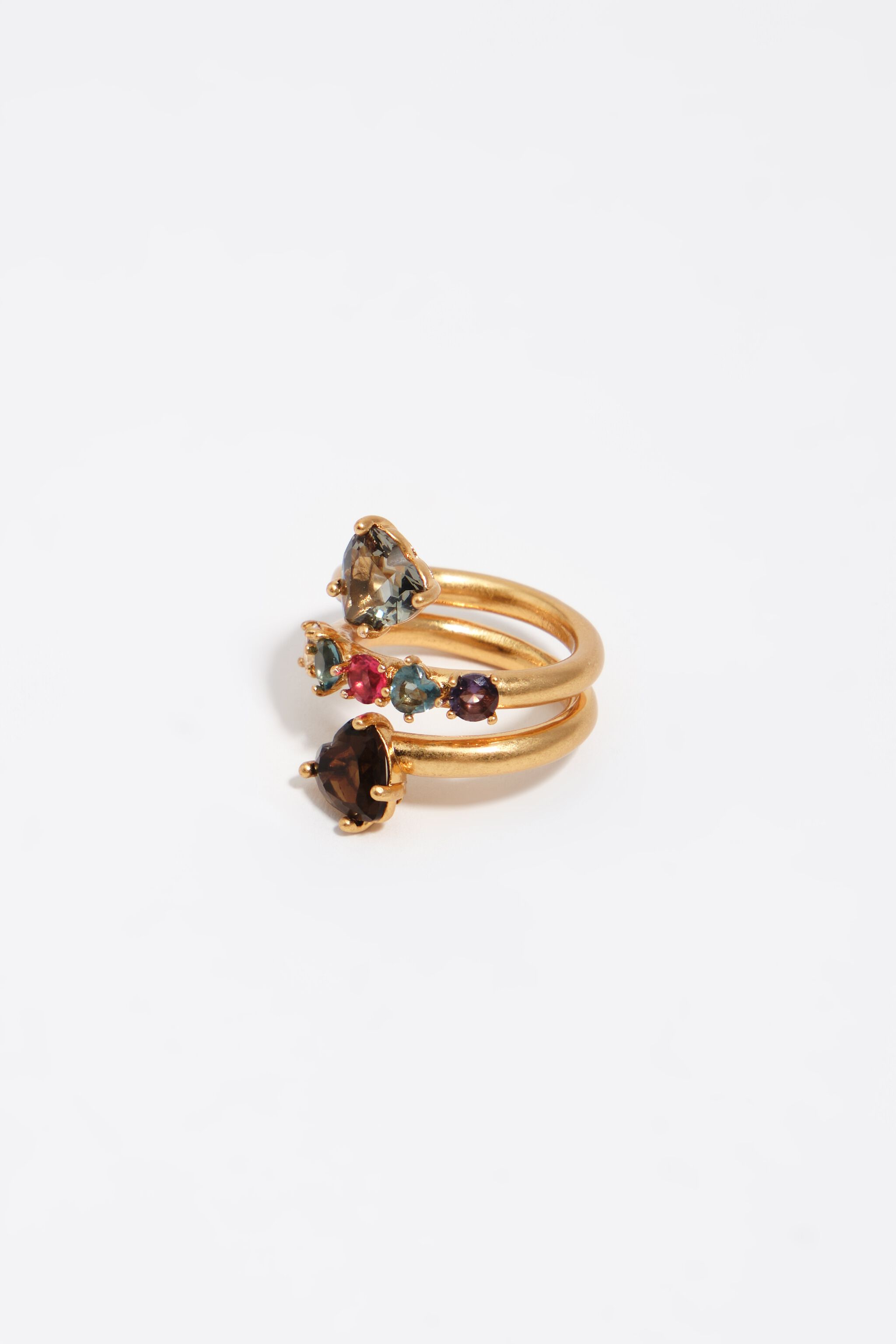 Brushed gold heart spiral ring with crystals
